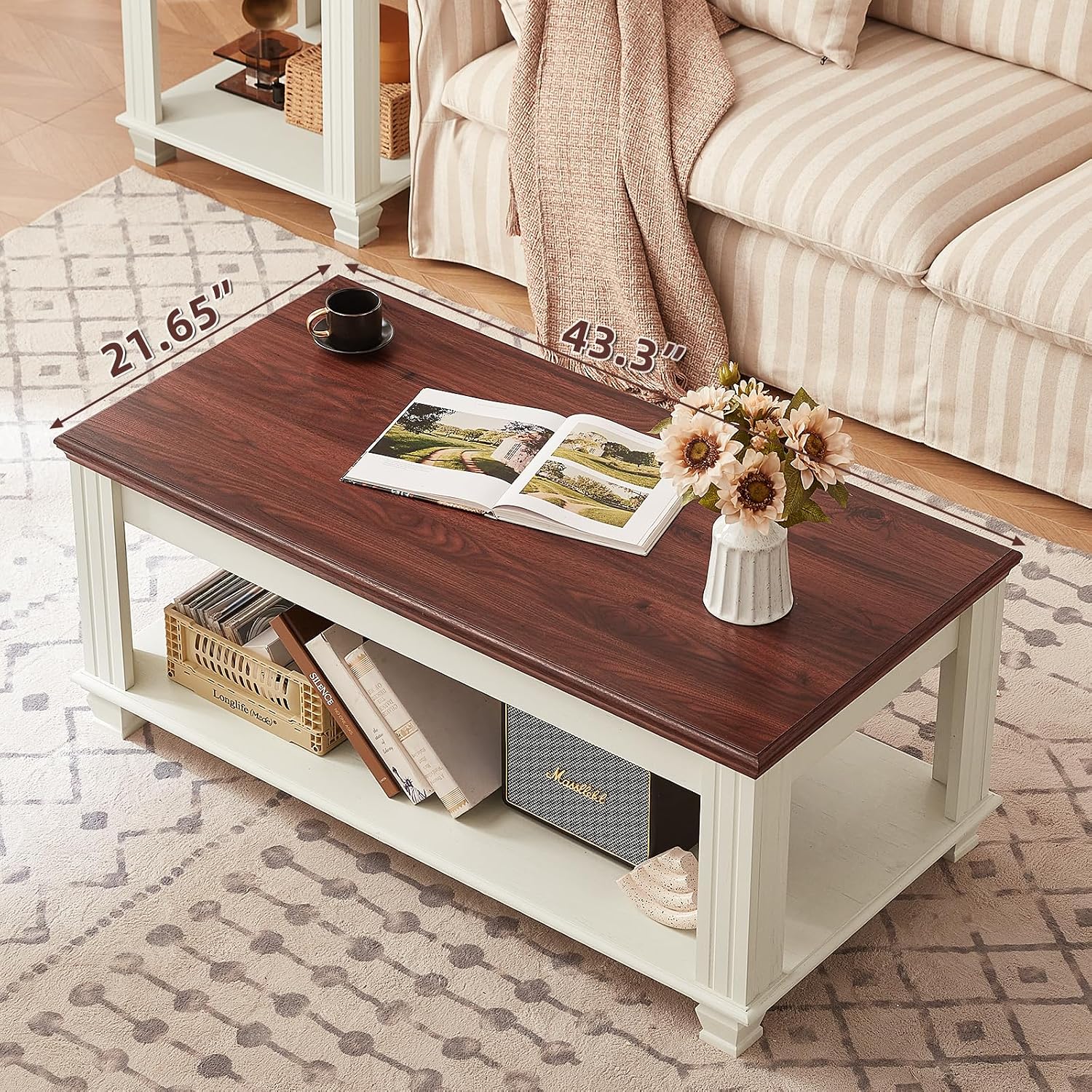 SAVOR LIFE Farmhouse Coffee Tables for Living Room,Square Tea Table with Open Storage Shelf,Large Coffee Table,Rustic Wooden Center Table,White