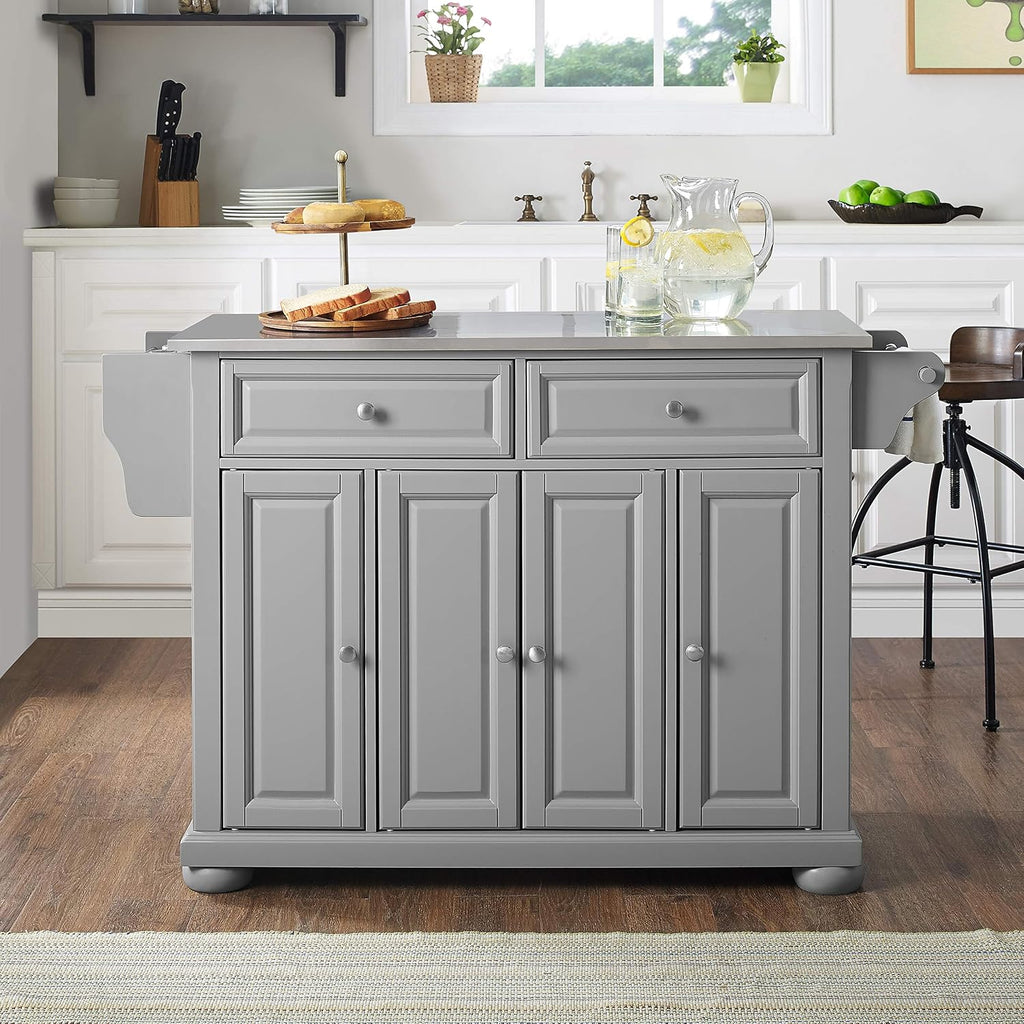 Crosley Furniture Alexandria Stainless Steel Top Rolling Kitchen Island Storage Cart, Microwave Stand, Gray