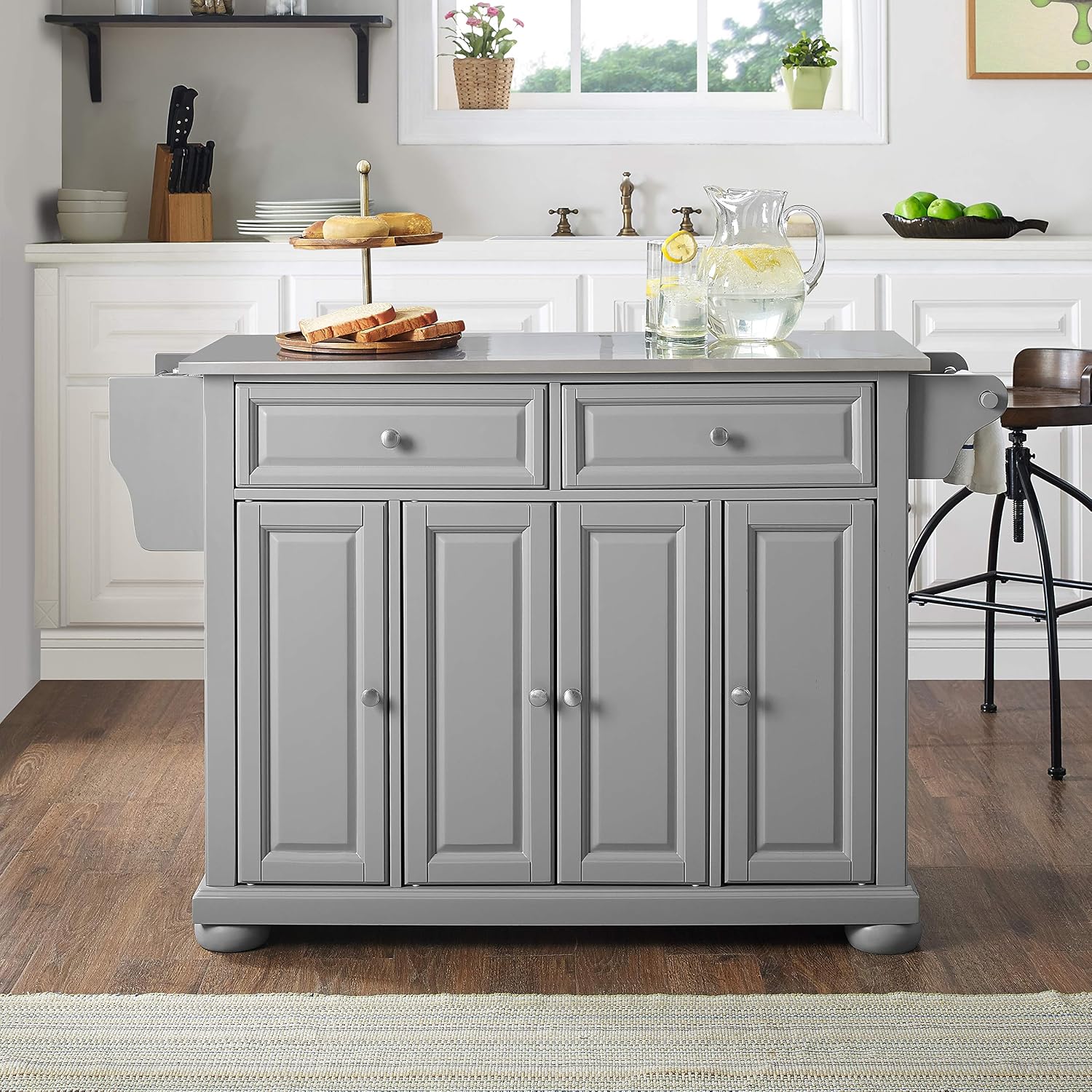 Crosley Furniture Alexandria Stainless Steel Top Rolling Kitchen Island Storage Cart, Microwave Stand, Gray