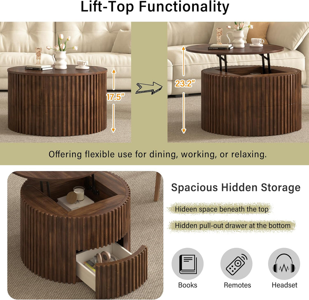 Round Lift Top Coffee Table, 29.8' Modern Fluted Wood Circle Table with Hidden Storage Drawer, Brown Solid Wood & MDF Cylinder Side Table for Living Room Bedroom Small Space