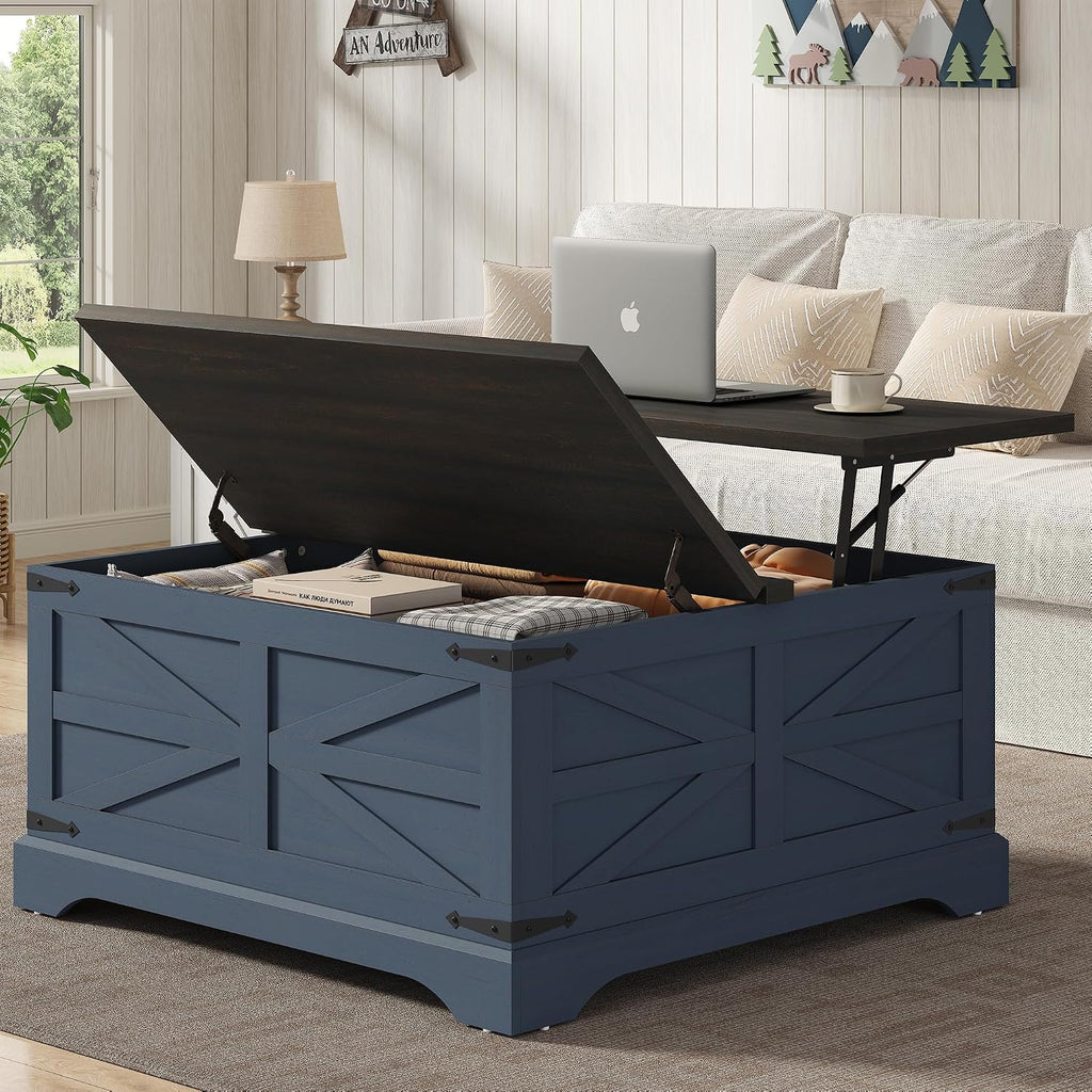 Furnideco 35.5''W Square Coffee Table Farmhouse Lift top Coffee Table with Large Hidden Storage, Wood Center Table for Living Room, Home Office, Blue