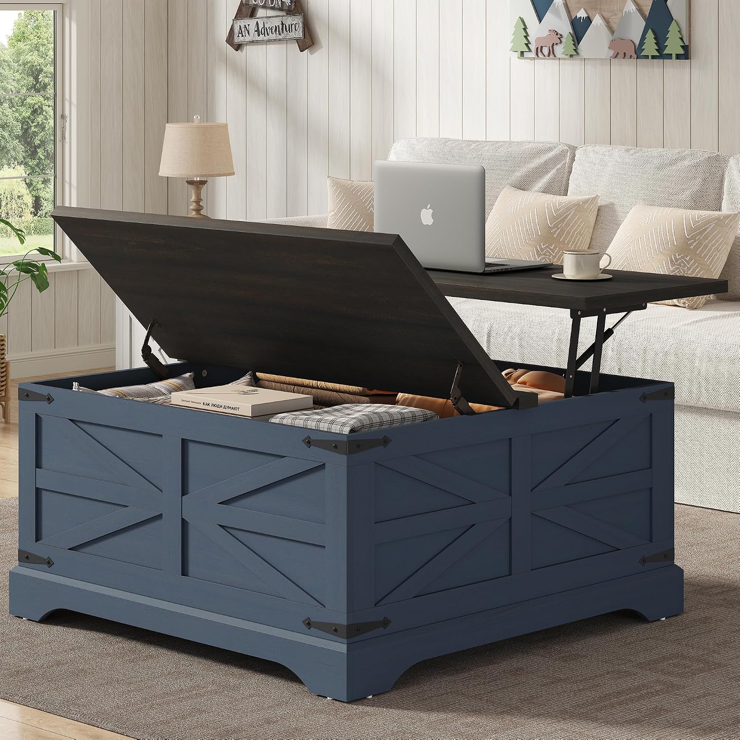 Furnideco 35.5''W Square Coffee Table Farmhouse Lift top Coffee Table with Large Hidden Storage, Wood Center Table for Living Room, Home Office, Blue