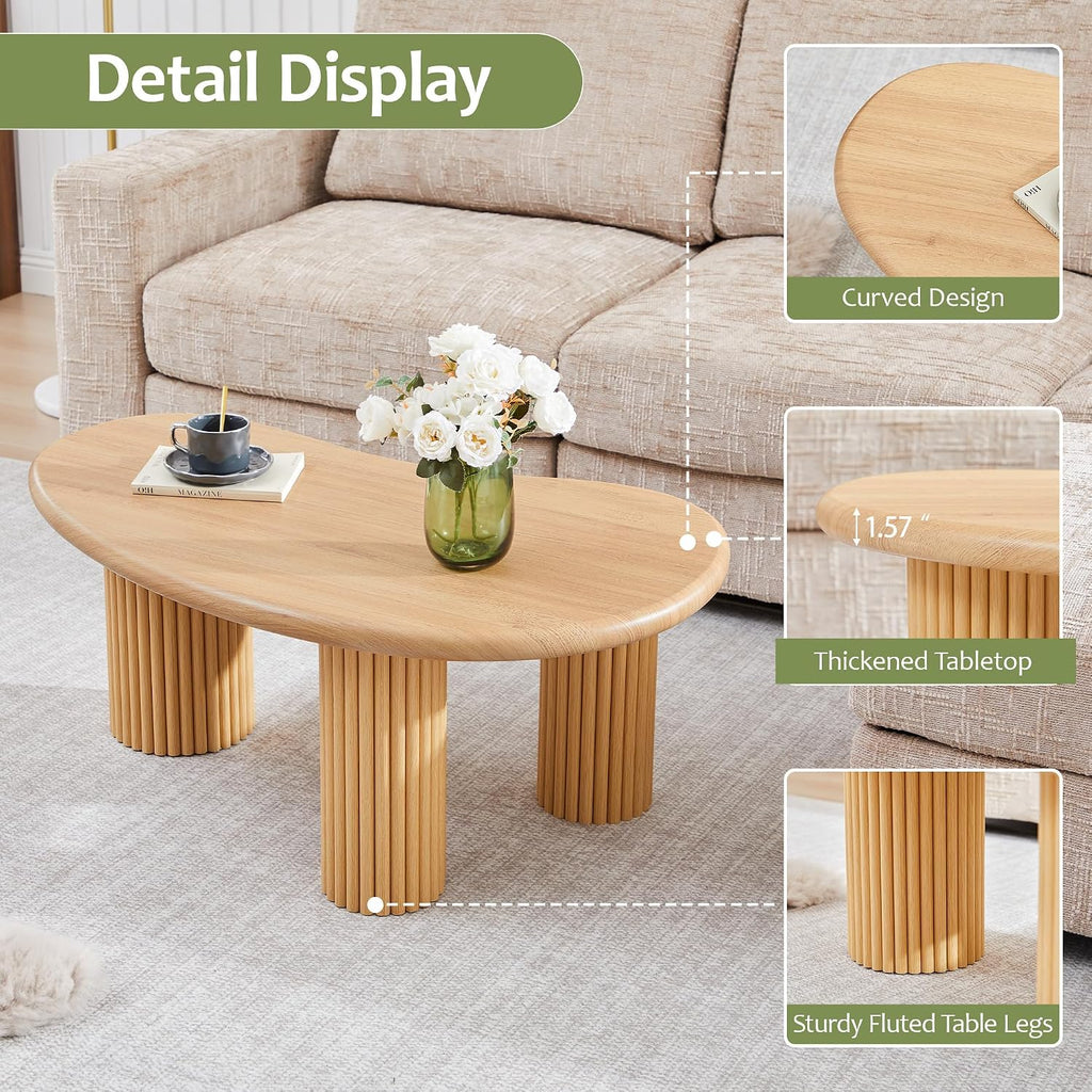 Fluted Coffee Table, 39'' Farmhouse Coffee Tables for Living Room, Low Wood Accent Center Table Small Tea Table with Sturdy Base & Rounded Corners for Small Space Home Office (Natural)