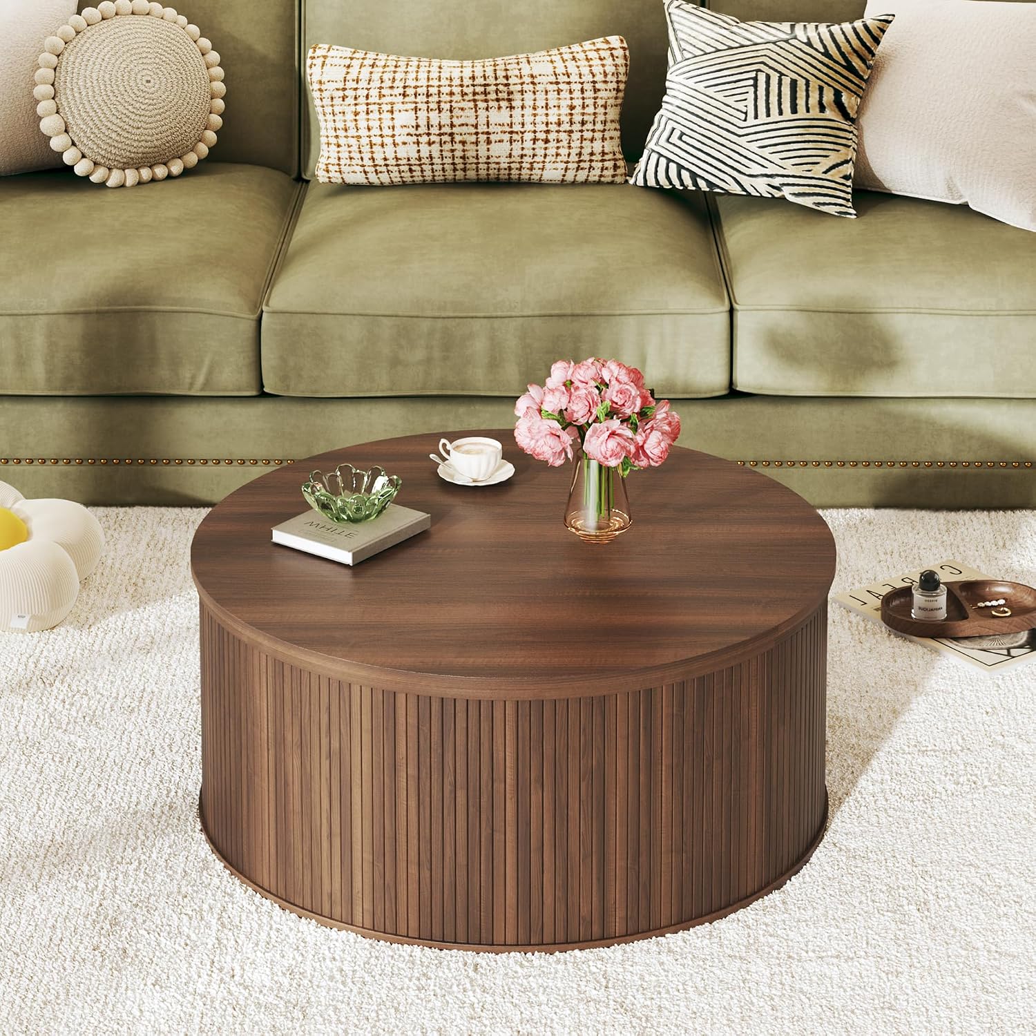 HUAHUU Round Coffee Table with Storage, 31.5' Lift Top Coffee Table, Mid Century Modern Coffee Tables for Living Room, Apartment Office, Fluted Table with Rustic Wood Desktop, Walnut