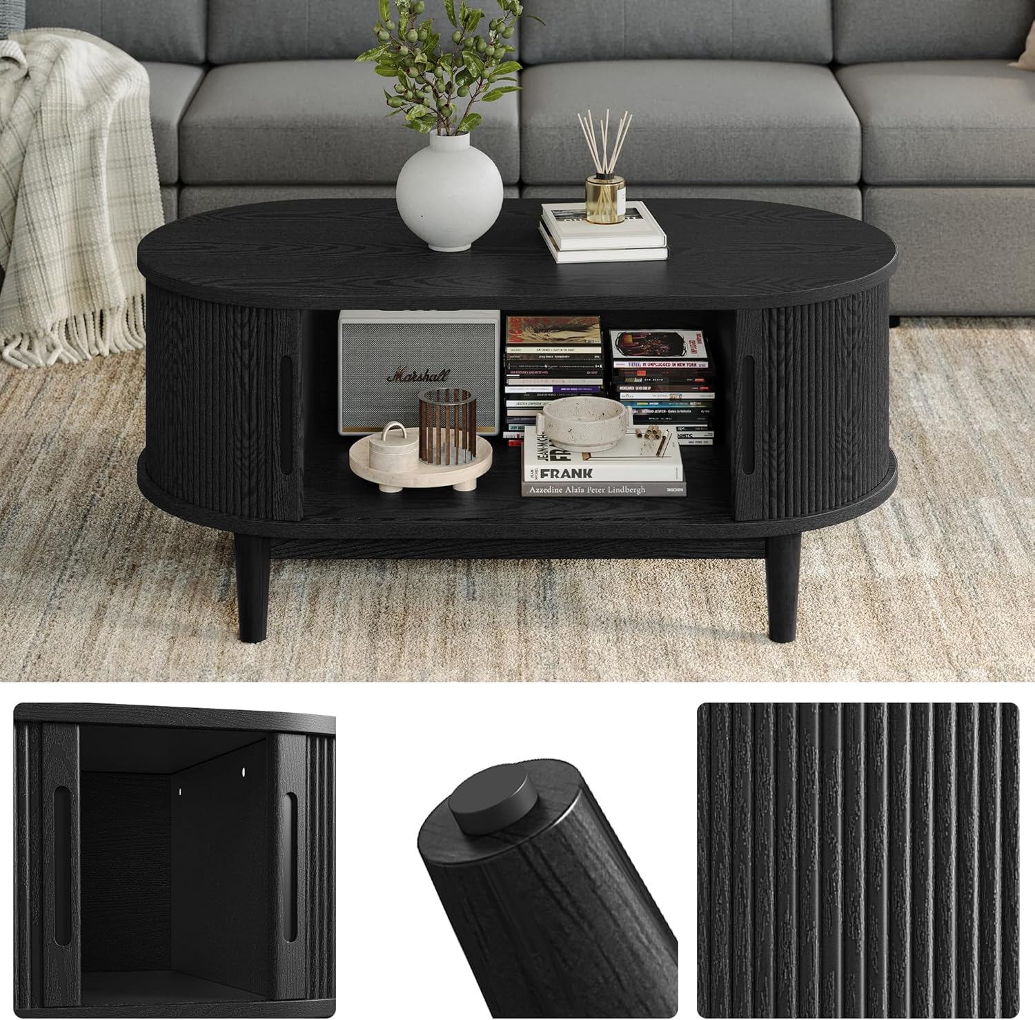 LINSY HOME Round Coffee Table, 31.5' Drum Coffee Table with Sliding Tambour Door, Fluted Accent Center Table with Storage, Mid Century Modern Coffee Table for Living Room (Oval Black)