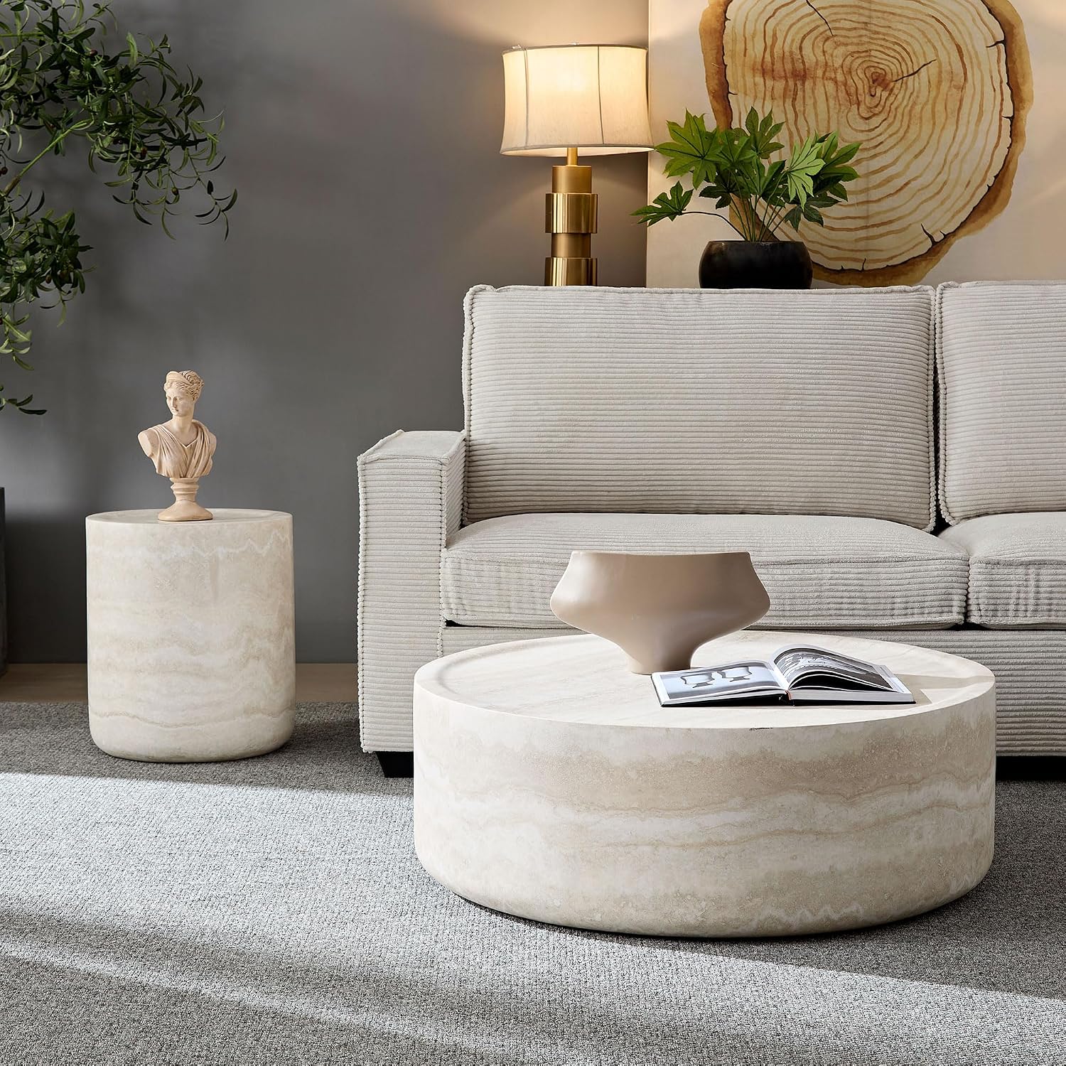 Round Coffee Table for Living Room Circle Coffee Table Modern Drum Center Table for Apartment, No Need Assembly (Fiberglass 31.49'' Mars Pattern)