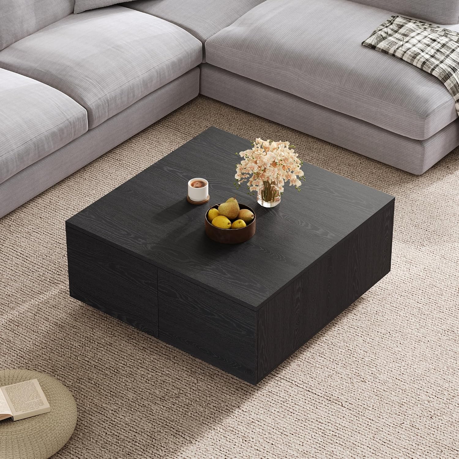 Merax Modern Black Square Coffee Table with 4 Hidden Storage Drawers, 33.25' Minimalist Wood Center Tables for Living Room, Easy Assembly