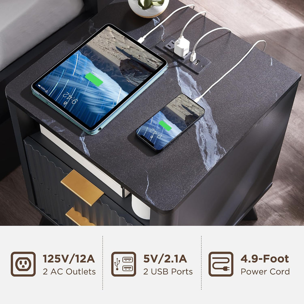 T4TREAM Fluted Nightstand Set of 2 with Charging Station, 18' Modern SideTable with Faux Marble Top, 2 Drawer End Table w/Storage, Bedside Table for Bedroom, Living Room, Curved Profile, Dark Grey