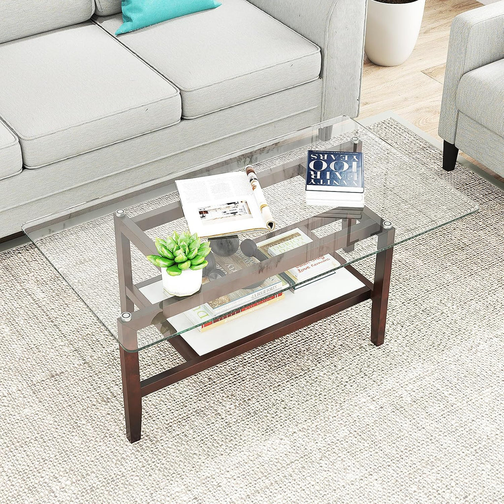 Giantex Glass Coffee Table, 42 Inch 2-Tier Rectangular Cocktail Table with Storage Shelf & Solid Rubber Wood Legs, Modern Center Table for Living Room, Home Office, Brown