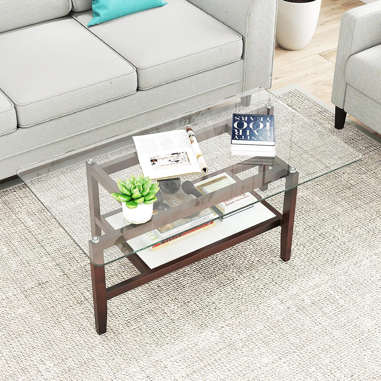 Giantex Glass Coffee Table, 42 Inch 2-Tier Rectangular Cocktail Table with Storage Shelf & Solid Rubber Wood Legs, Modern Center Table for Living Room, Home Office, Brown
