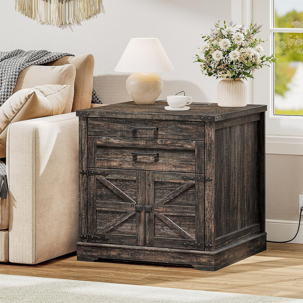 RALGEND Farmhouse End Table with Charging Station, 24'' Sofa Side Table with 2 Drawers and Barn Door, Large Rustic Wooden Square Nightstand for Bedroom, Living Room, Dark Rustic Oak