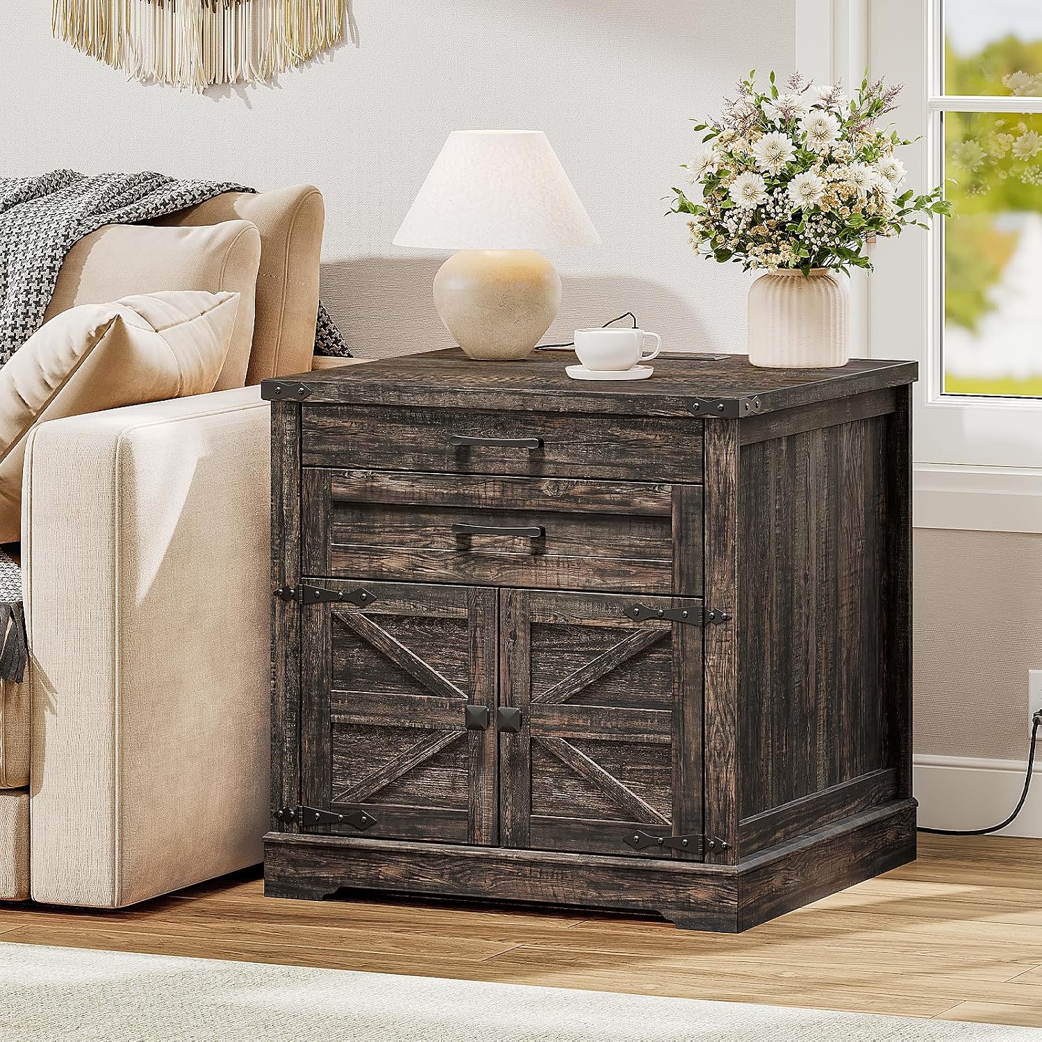RALGEND Farmhouse End Table with Charging Station, 24'' Sofa Side Table with 2 Drawers and Barn Door, Large Rustic Wooden Square Nightstand for Bedroom, Living Room, Dark Rustic Oak