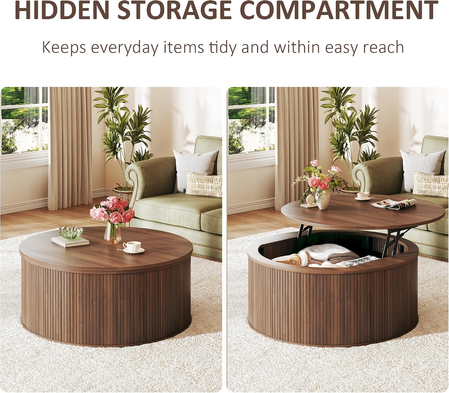 HUAHUU Round Coffee Table with Storage, 31.5' Lift Top Coffee Table, Mid Century Modern Coffee Tables for Living Room, Apartment Office, Fluted Table with Rustic Wood Desktop, Walnut