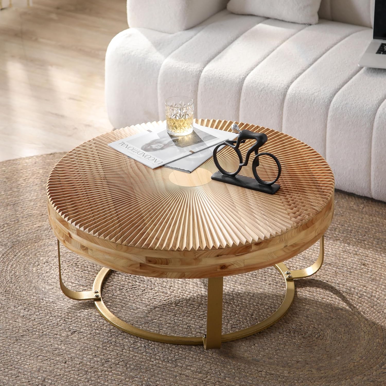 Wood Round Coffee Table, Farmhouse Circle Coffee Table with Metal Base, 31.5' Round Center Table for Living Room Office Natura