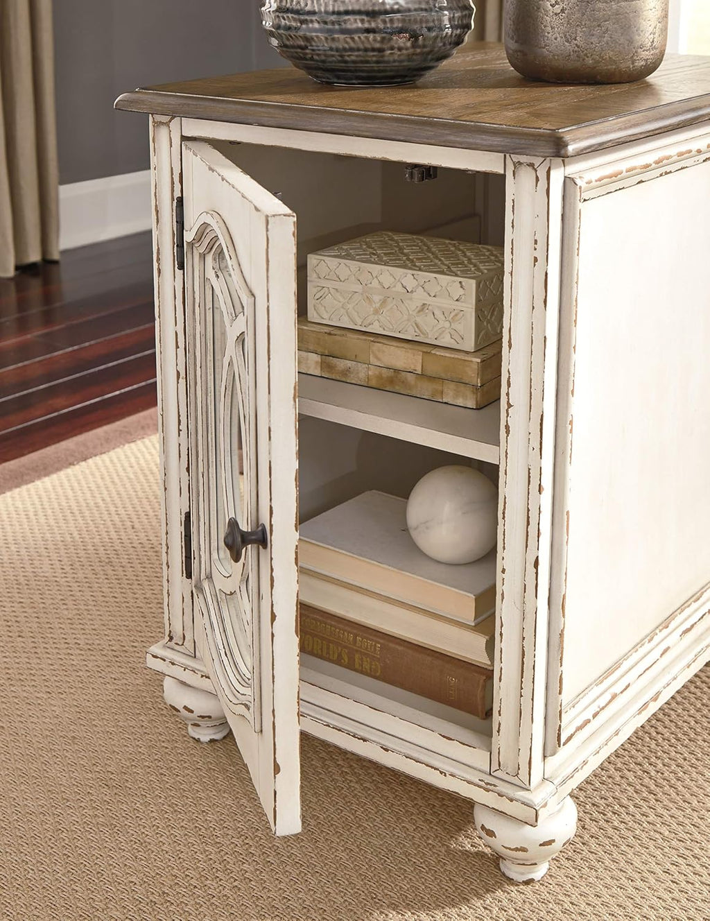 Signature Design by Ashley Realyn Farmhouse Chair Side End Table with Cabinet For Storage, Antique White & Brown