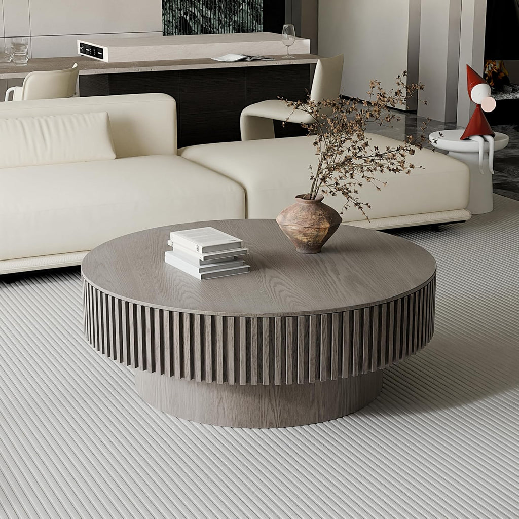 39.37'' Round Coffee Table with Storage, Solid Wood Veneered Modern Drum Coffee Table Accent Tea Table for Living Room, Bedroom, Apartment or Office-Gray