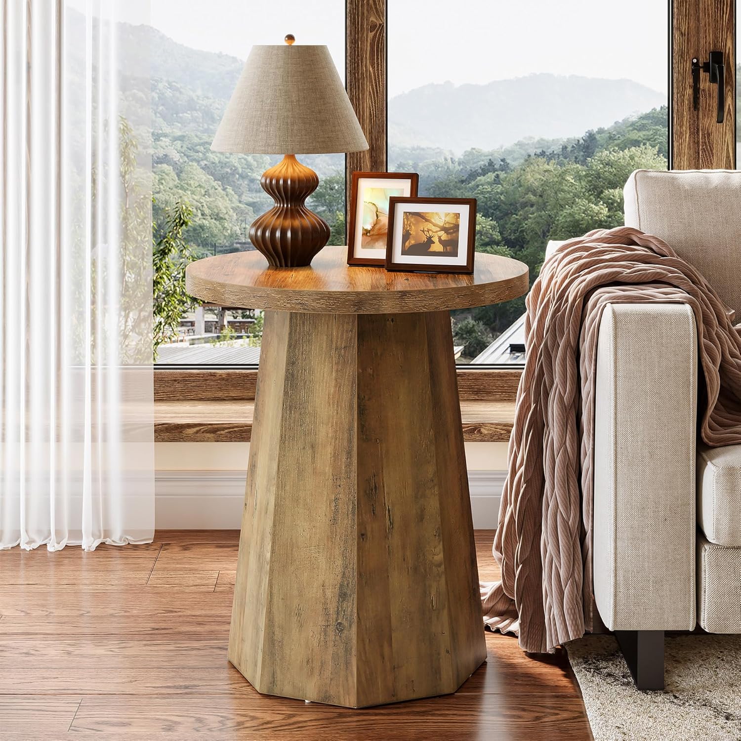 Tribesigns Round Pedestal End Table, Farmhouse Couch Side Table with Octagonal Base, Wooden Drink Stand Accent Nightstand(2, Rustic Brown)