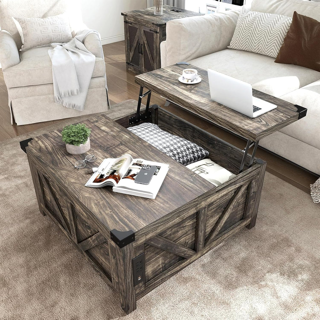 jimeimen Farmhouse Lift Top Coffee Table with Storage, Wood Square Center Table with Charging Station&USB Port, Living Room Table w/Large Hidden Space, for Living Room, Bedroom, Home Office, Dark Grey