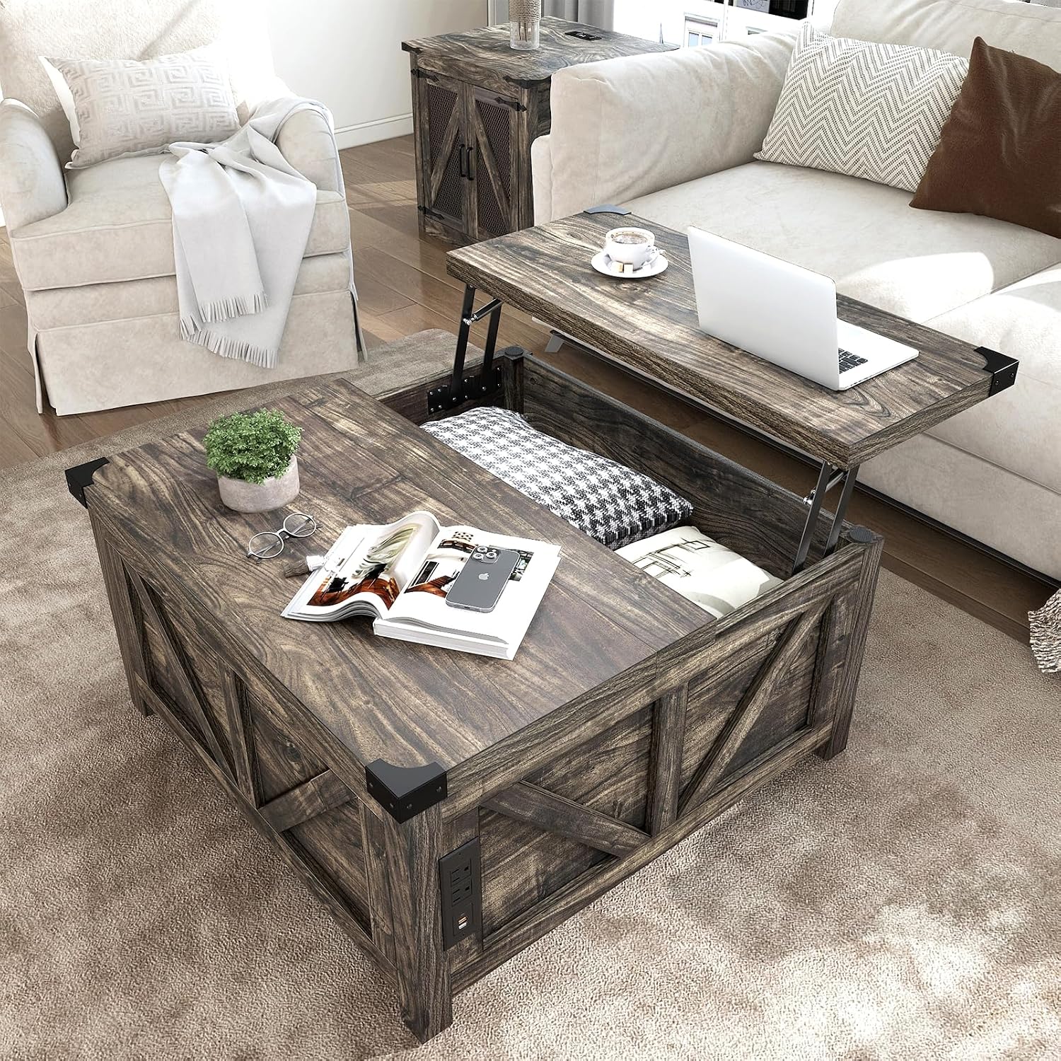 jimeimen Farmhouse Lift Top Coffee Table with Storage, Wood Square Center Table with Charging Station&USB Port, Living Room Table w/Large Hidden Space, for Living Room, Bedroom, Home Office, Dark Grey