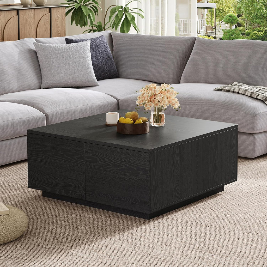Merax Modern Black Square Coffee Table with 4 Hidden Storage Drawers, 33.25' Minimalist Wood Center Tables for Living Room, Easy Assembly