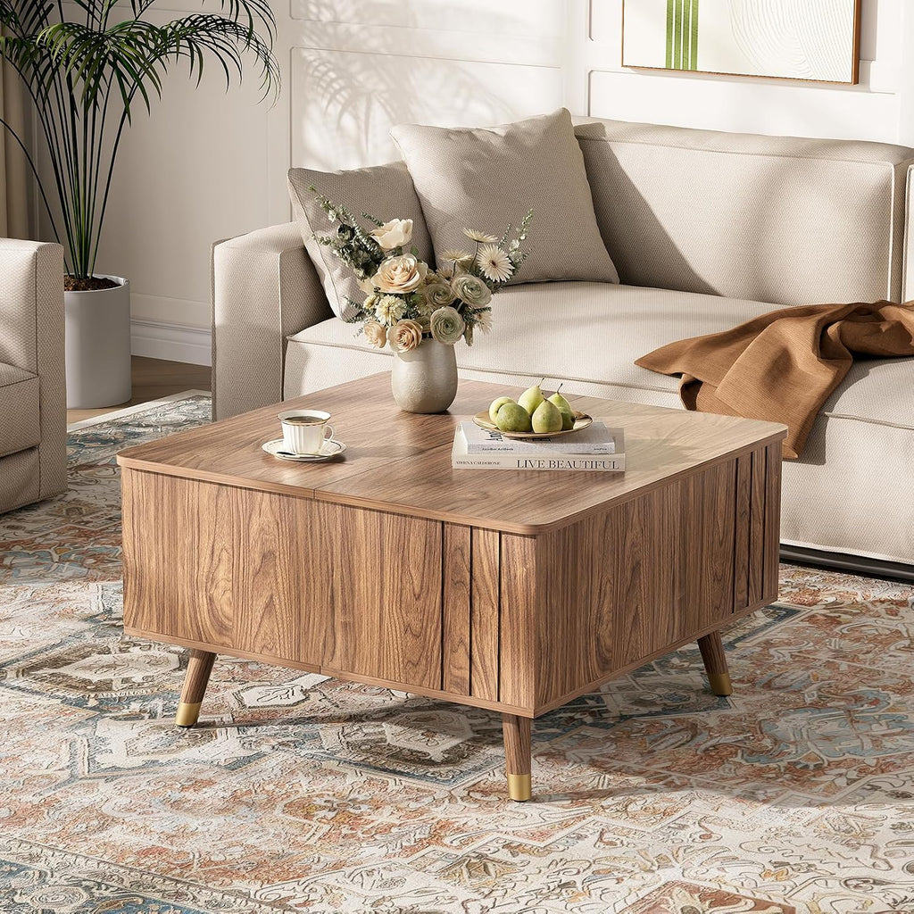 Square Coffee Table with Lift-Top & Flip-Top Storage, 36' Functional Modern Accent Center Table with Solid Wood Legs, Rustic Walnut Coffee Tables for Living Room Small Space or Office
