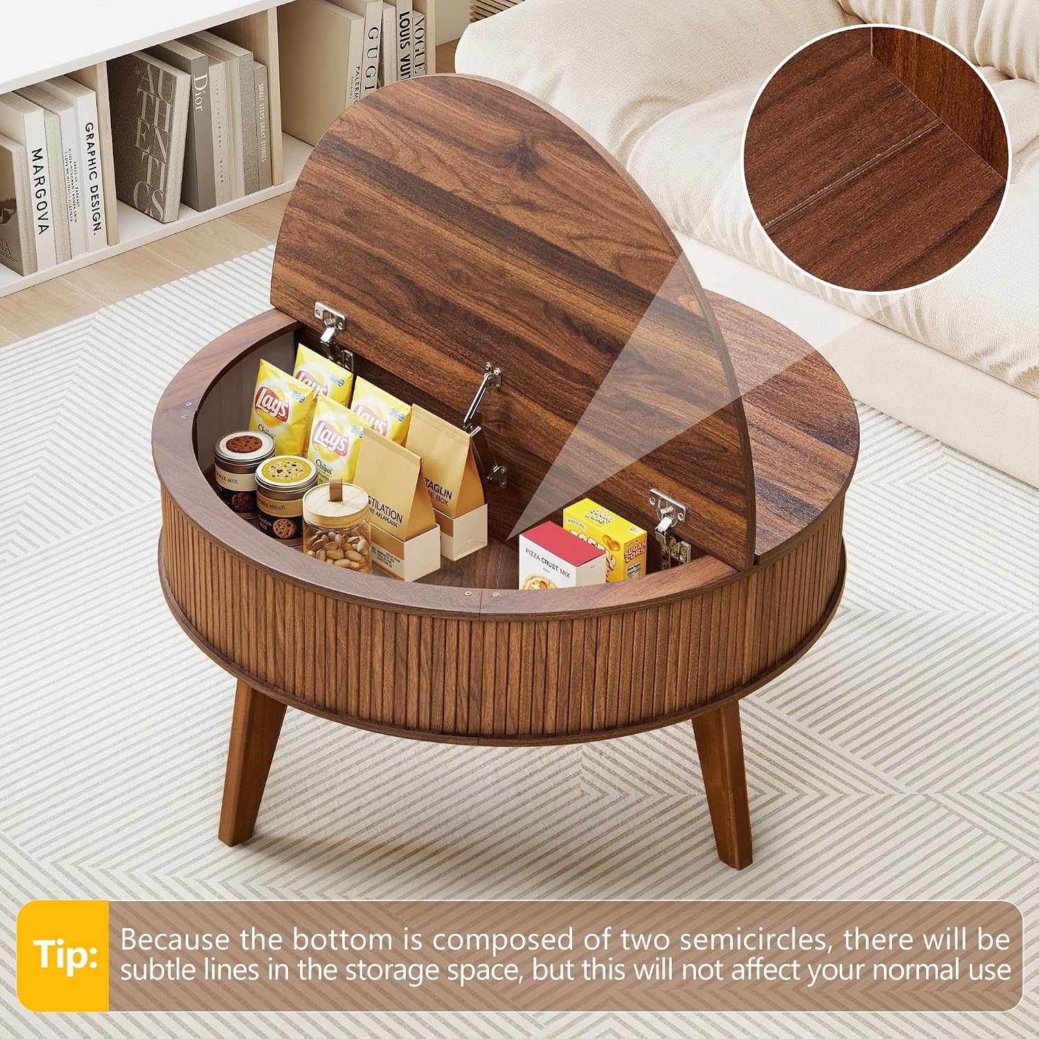 Round Lift Top Coffee Table with Storage, 35.4'' Fluted Wood Center Table Mid Century Modern Coffee Table with Lifting Top for Living Room, Office, Small Space (Walnut)