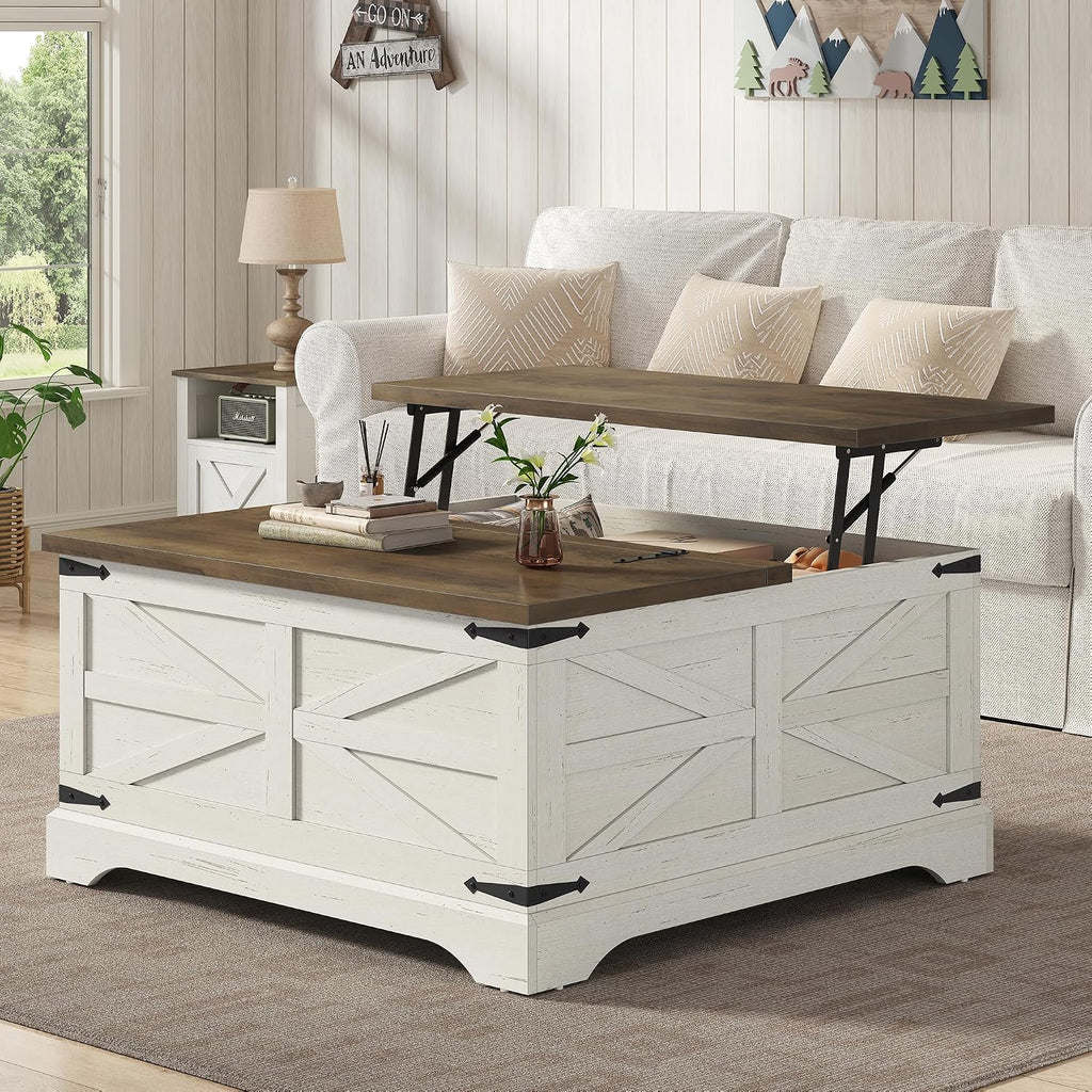Furnideco 35.5''W Square Coffee Table Farmhouse Lift top Coffee Table with Large Hidden Storage, Wood Center Table for Living Room, Home Office, Brown Top