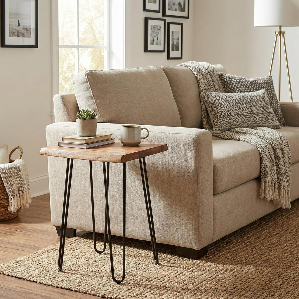 Alaterre Furniture Live Edge Wood End Table with Hairpin Metal Legs – Mid Century Modern Living Room Table with Acacia Wood Top (20 Inch)