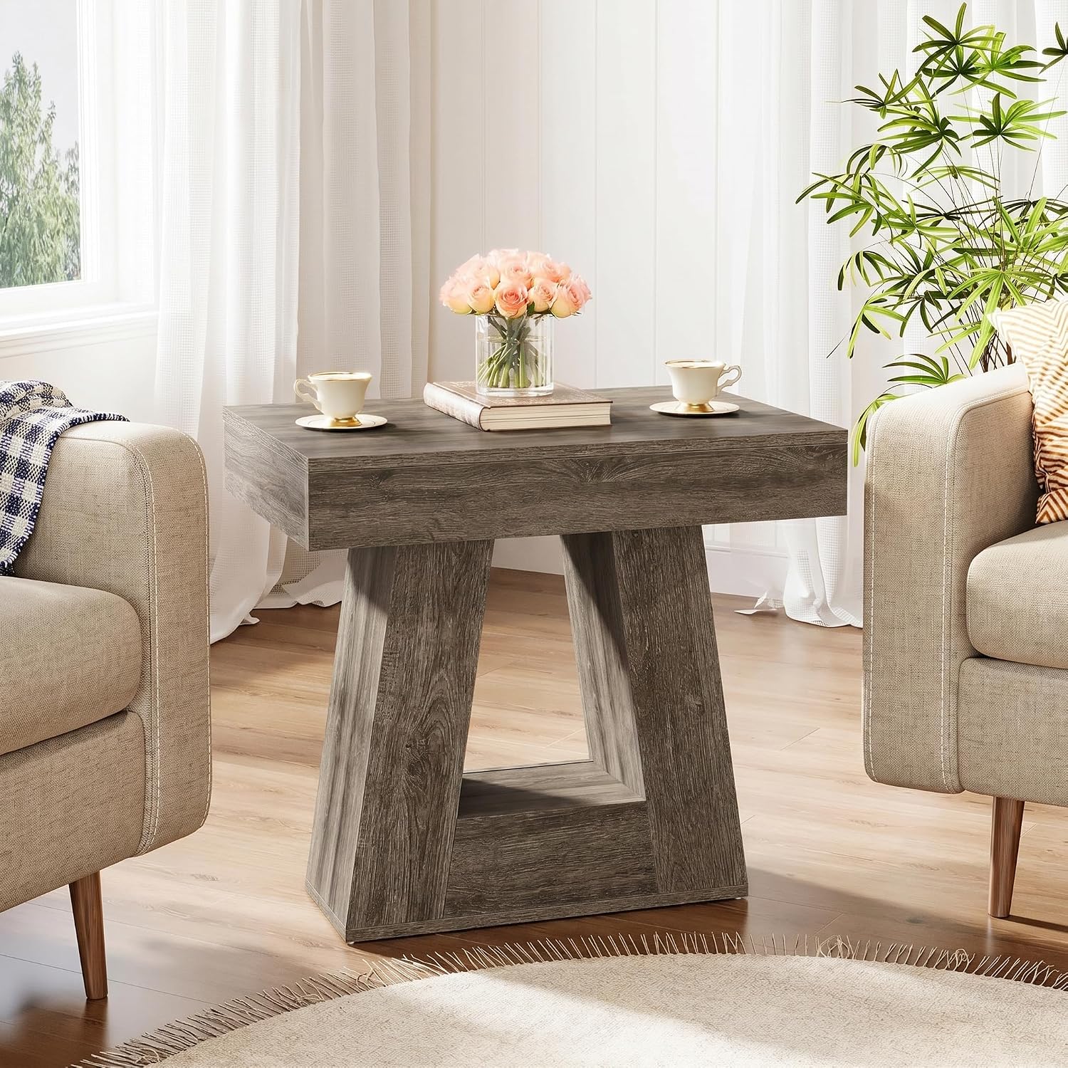 Tribesigns 24' Modern Side Table, 2-Tier Narrow Wooden End Table with Trapezoid Base, Farmhouse Small Nightstand for Living Room, Bedroom (1, Gray)