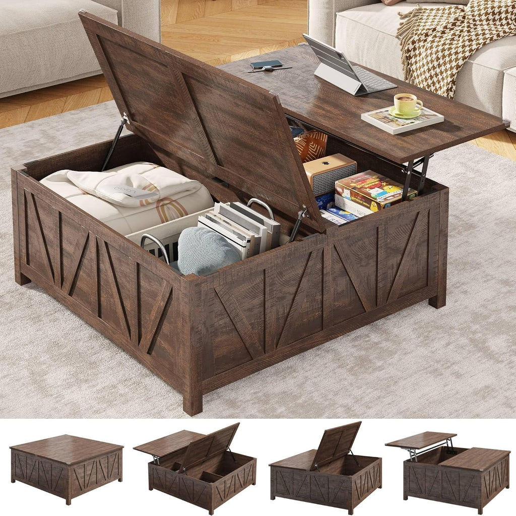 chartustriable 43.3' Lift Top Coffee Table with Storage, Farmhouse Coffee Table with Large Hidden Storage Compartment and Shelves，Square Center Tables for Living Room, Tea Table Dark Brown