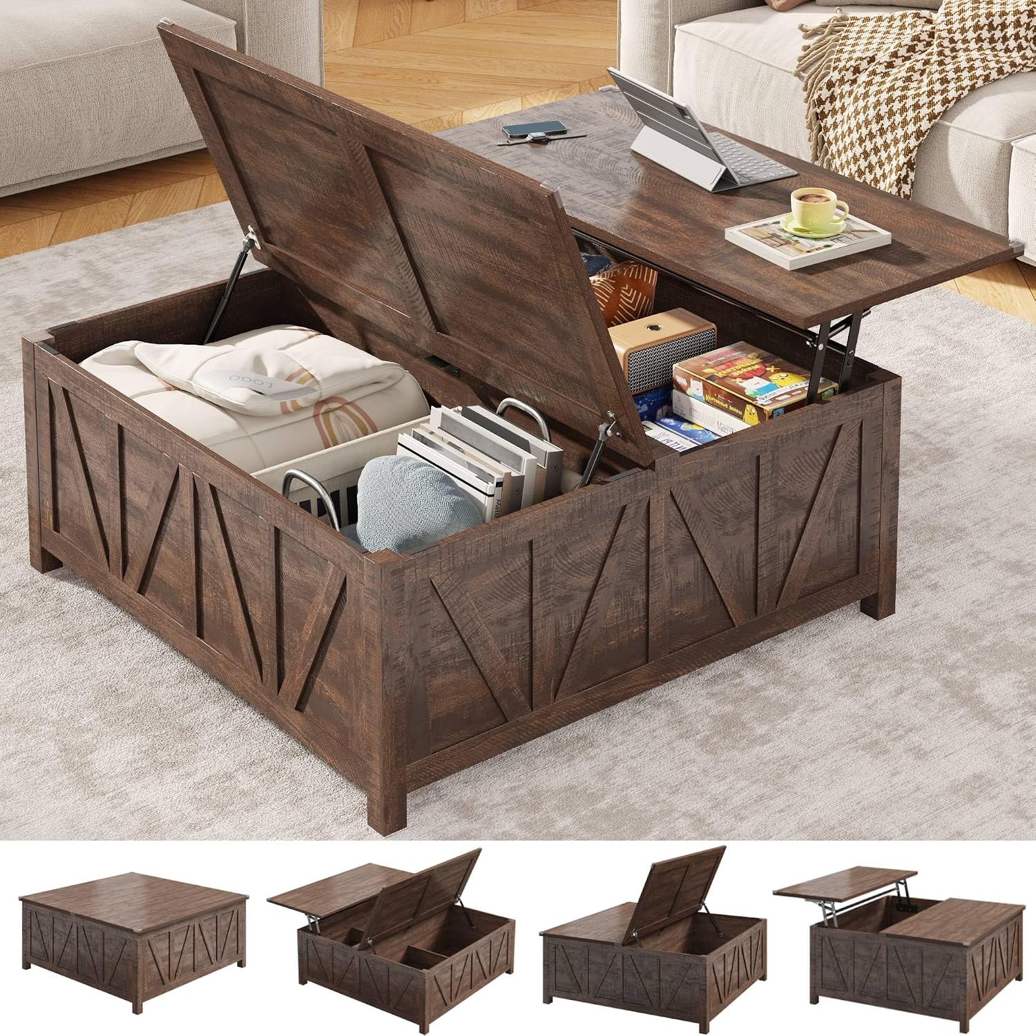 chartustriable 43.3' Lift Top Coffee Table with Storage, Farmhouse Coffee Table with Large Hidden Storage Compartment and Shelves，Square Center Tables for Living Room, Tea Table Dark Brown