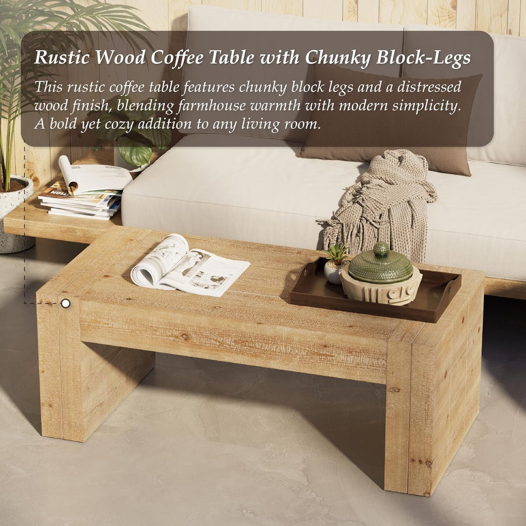 COZAYH Modern Rustic Wood Coffee Table with Thick Legs, Rectangular Living Room Center Table, Natural Finish Design, Sturdy Farmhouse Style for Home Decor, Office, Brown