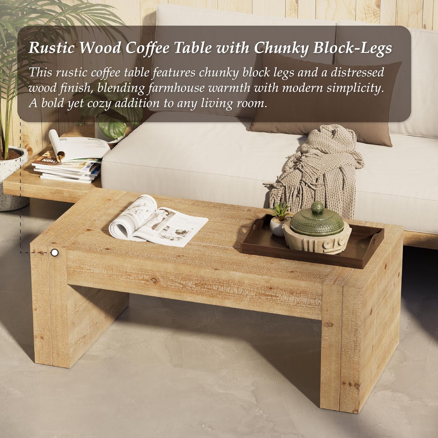 COZAYH Modern Rustic Wood Coffee Table with Thick Legs, Rectangular Living Room Center Table, Natural Finish Design, Sturdy Farmhouse Style for Home Decor, Office, Brown