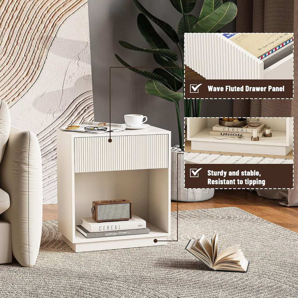 Fluted Nightstands Set of 2, Modern Bedside Table with Drawer and Storage Shelf, Wood End Table Mid Century Night Stands for Bedroom Living Room Sofa Couch Office (White)