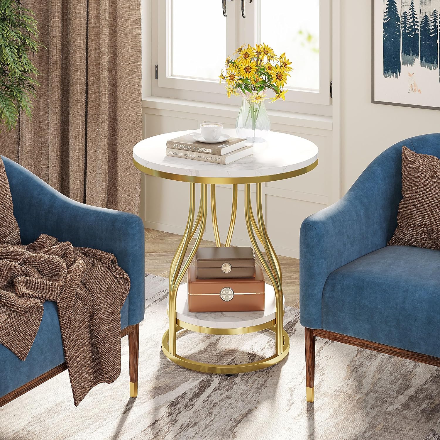 Tribesigns Round Side End Table 2-Tier End Tables Modern Bedside Table Small Chairside Tables with Storage for Couch Side, Nightstand with Metal Frame for Living Room (2 pcs, White+Gold)