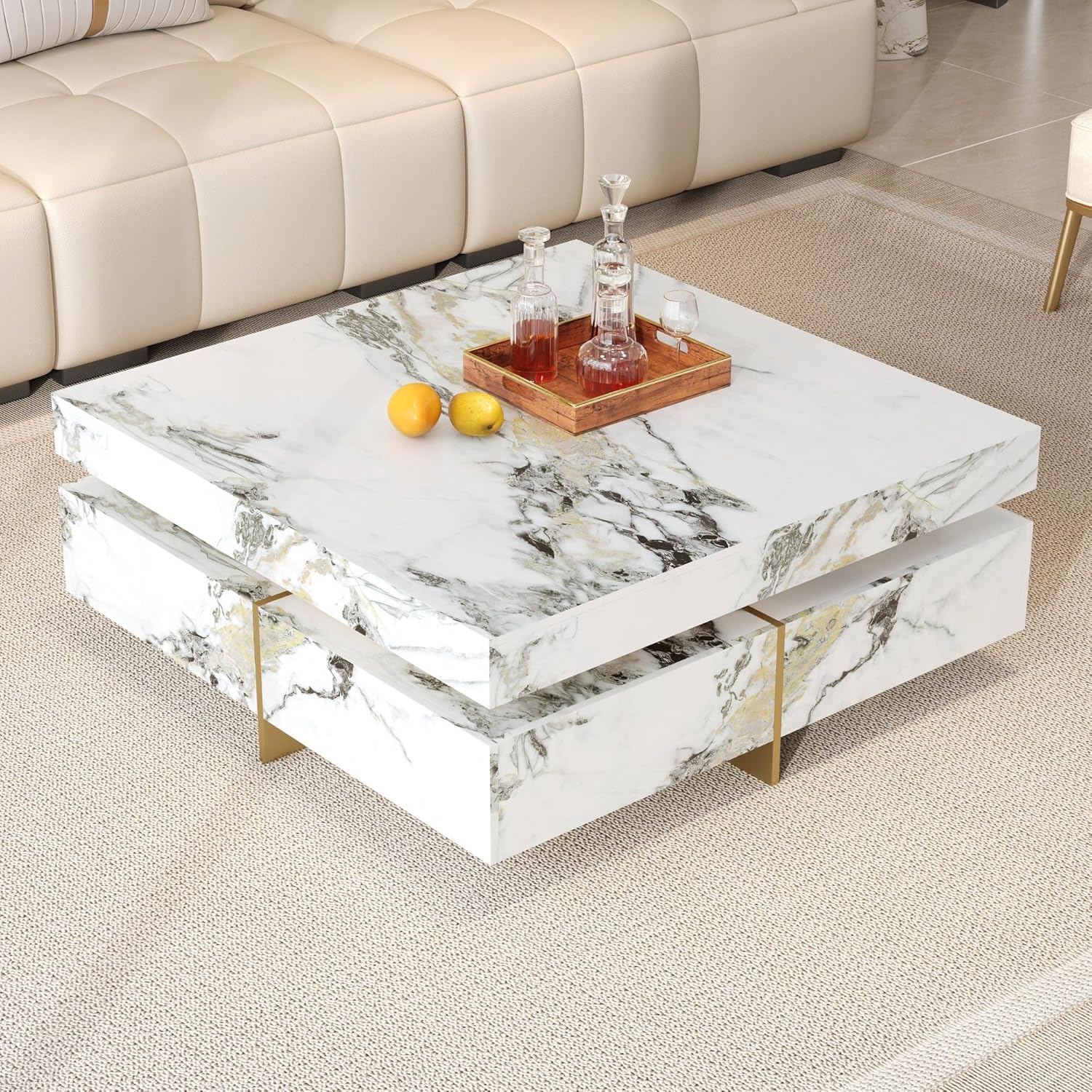 Merax 43.3 Inch Modern Large Square Coffee Table with Marble Textured Top, 4 Built-in Drawers Ample Storage and Floating Suspended Base, Modern Elegance White MDF Storage Center Table for Living Room