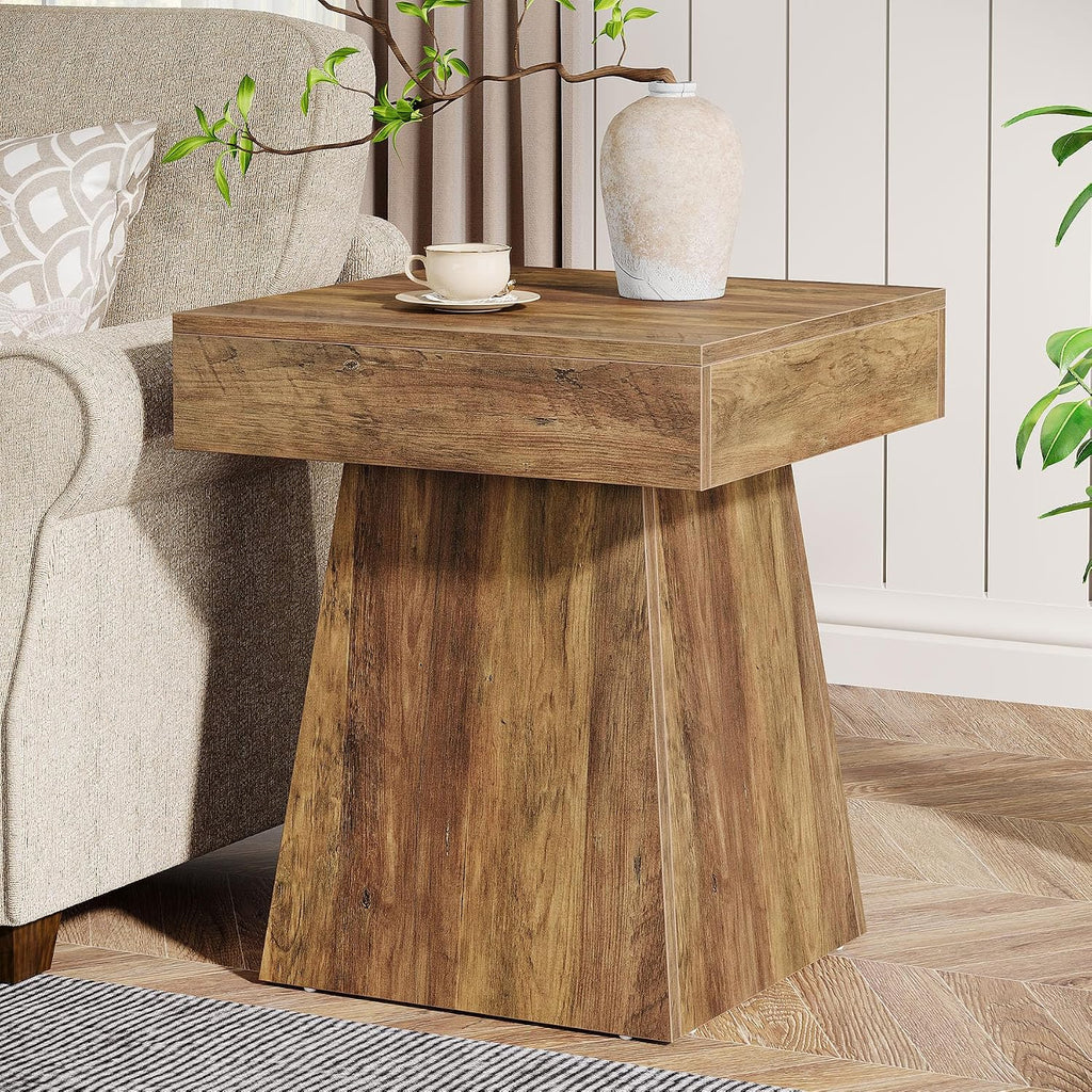 Tribesigns Small End Table Set of 2, Rustic Square Side Table with Wide Base, Farmhouse Small Nightstand Beside Bed, Next to Armchair, for Living Room, Brown