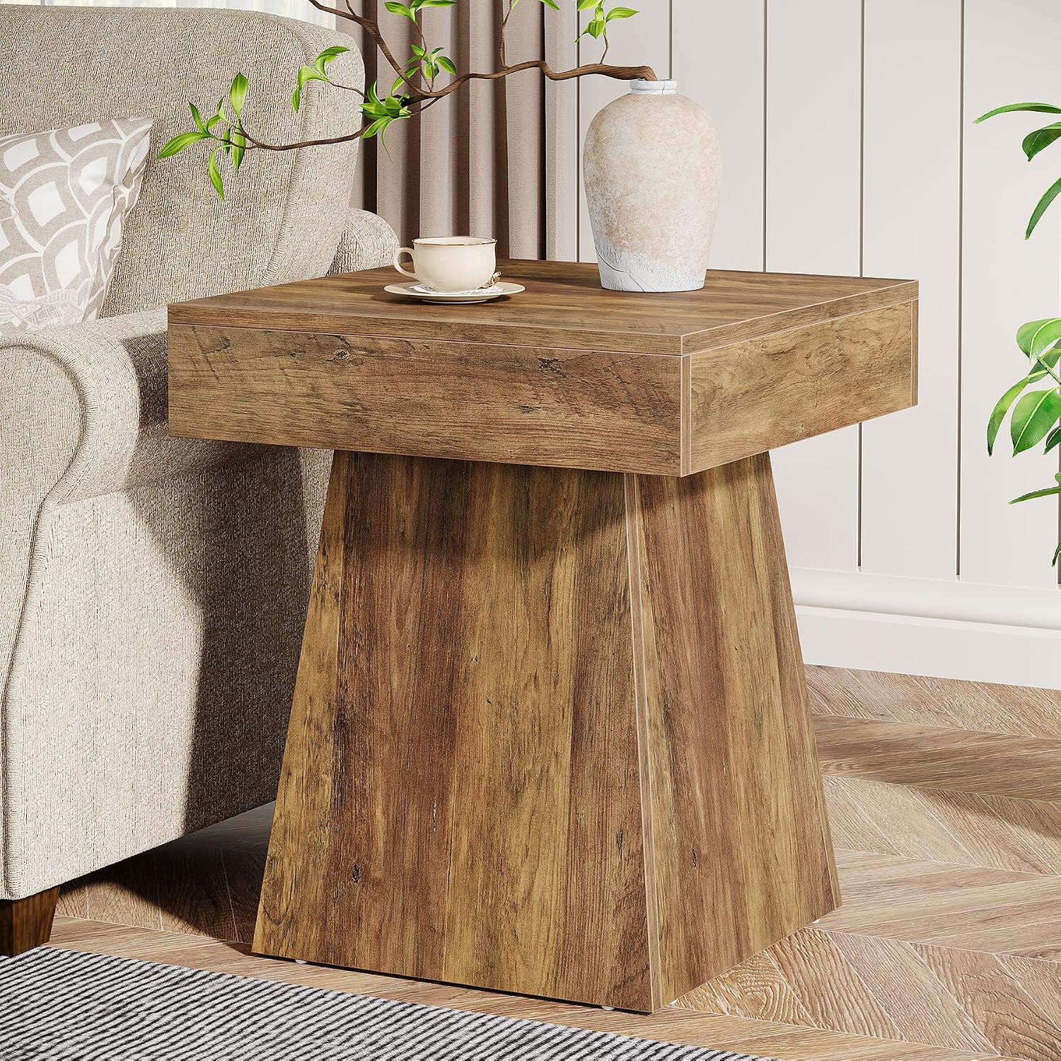 Tribesigns Small End Table Set of 2, Rustic Square Side Table with Wide Base, Farmhouse Small Nightstand Beside Bed, Next to Armchair, for Living Room, Brown