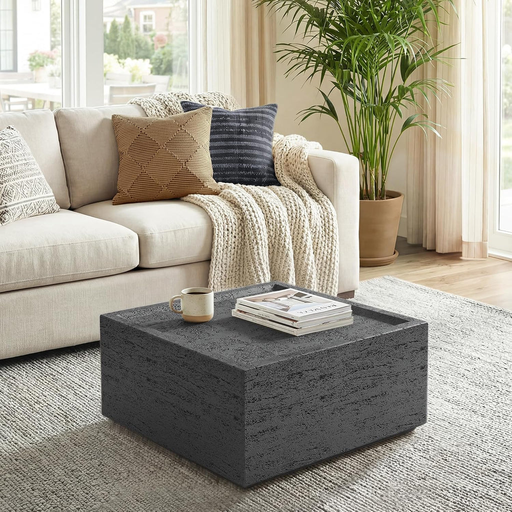UPHA 28' Square Outdoor Coffee Table, Modern Hollow Concrete Patio Table, Small Minimalist Low Accent Table for Living Room, Balcony, Deck, Backyard, Dark Gray