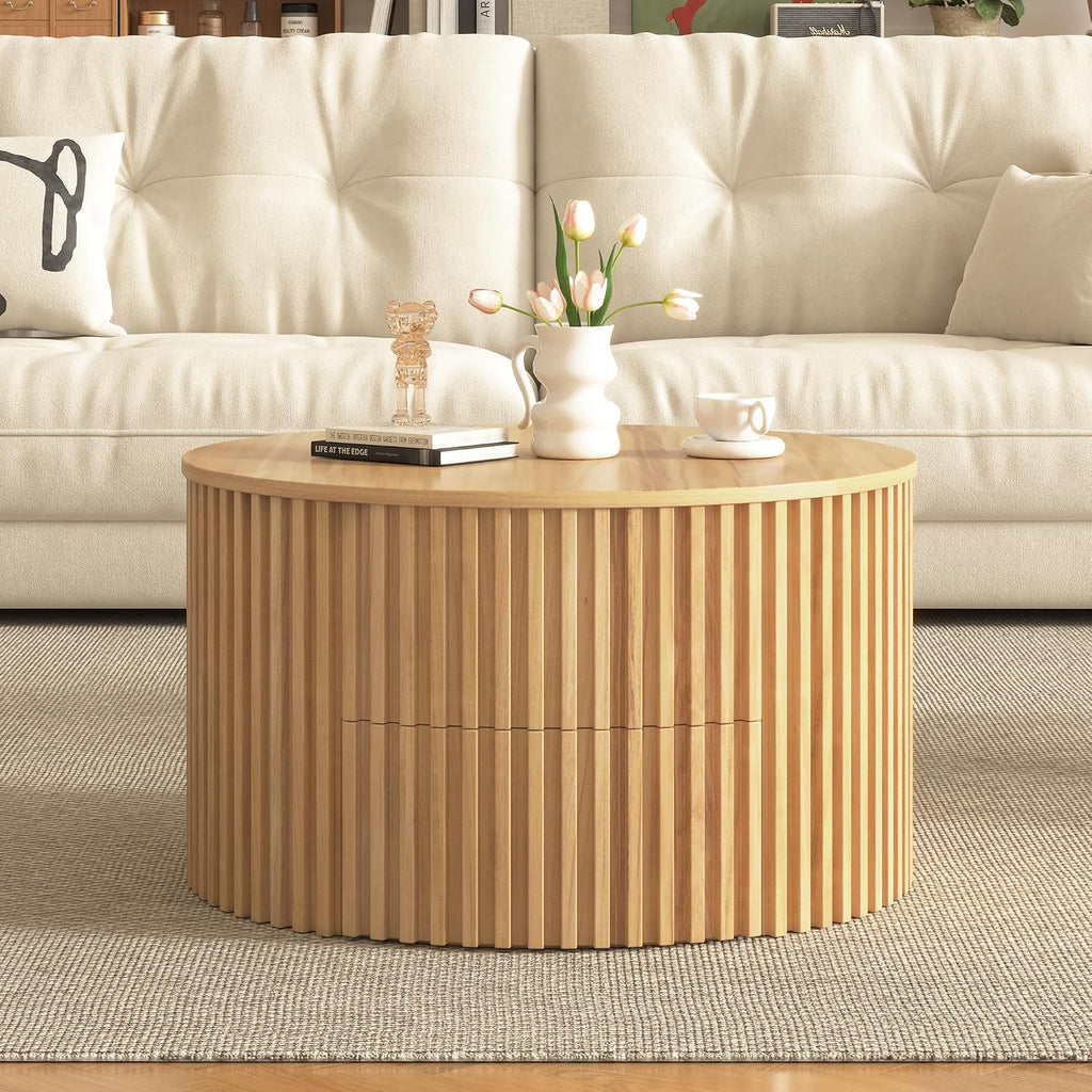 Round Lift Top Coffee Table, 29.8' Modern Fluted Wood Circle Table with Hidden Storage Drawer, Natural Solid Wood & MDF Cylinder Side Table for Living Room Bedroom Small Space