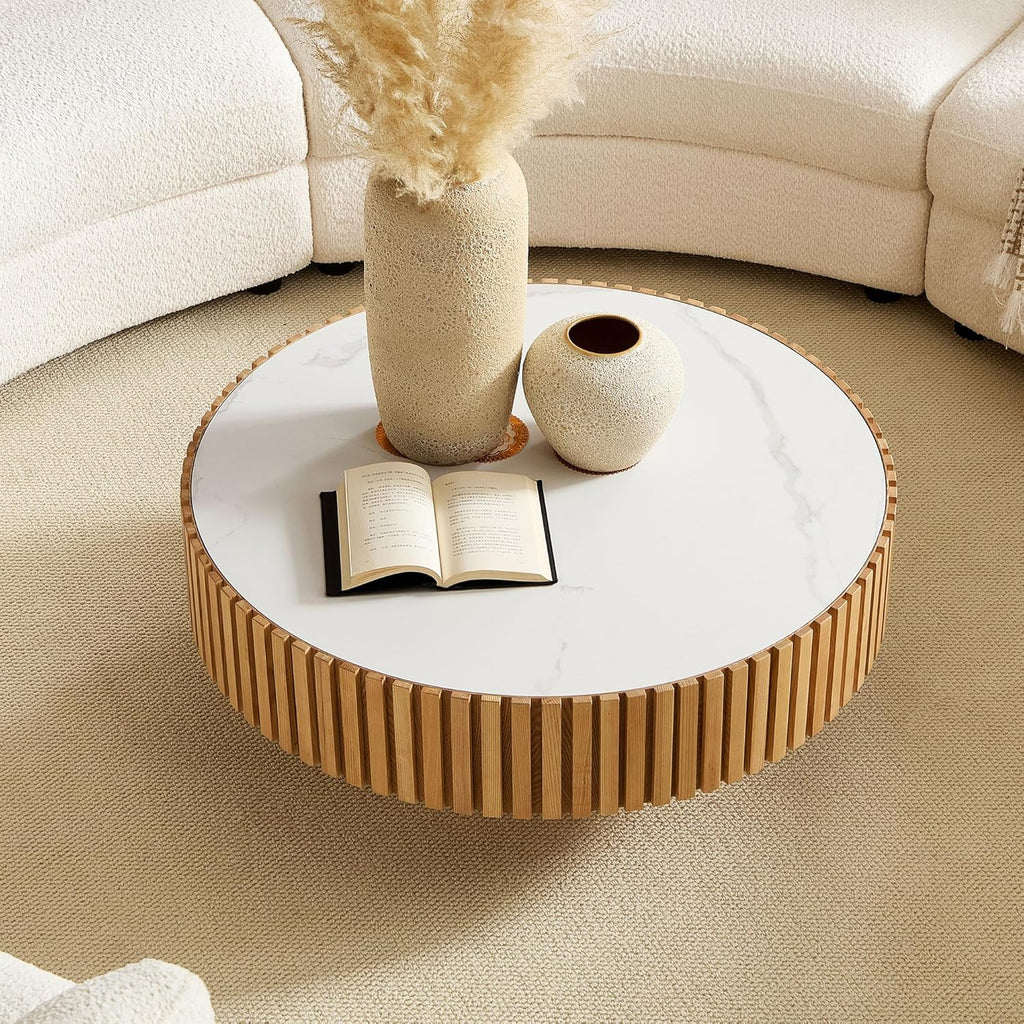 35.43'' Round Coffee Table with Faux Marble Tabletop, Modern Drum Center Coffee Tables Luxury Circle Coffee Table for Bedroom,Apartment,Living Room-Natural