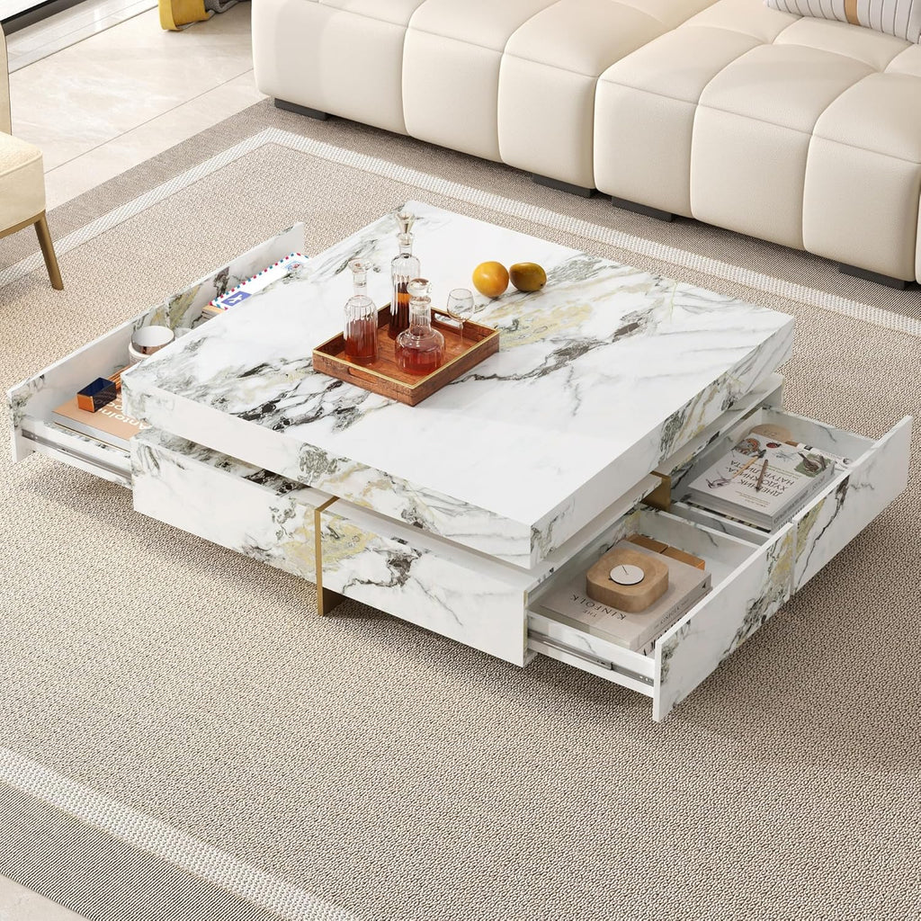 Merax 43.3 Inch Modern Large Square Coffee Table with Marble Textured Top, 4 Built-in Drawers Ample Storage and Floating Suspended Base, Modern Elegance White MDF Storage Center Table for Living Room