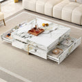 Merax 43.3 Inch Modern Large Square Coffee Table with Marble Textured Top, 4 Built-in Drawers Ample Storage and Floating Suspended Base, Modern Elegance White MDF Storage Center Table for Living Room