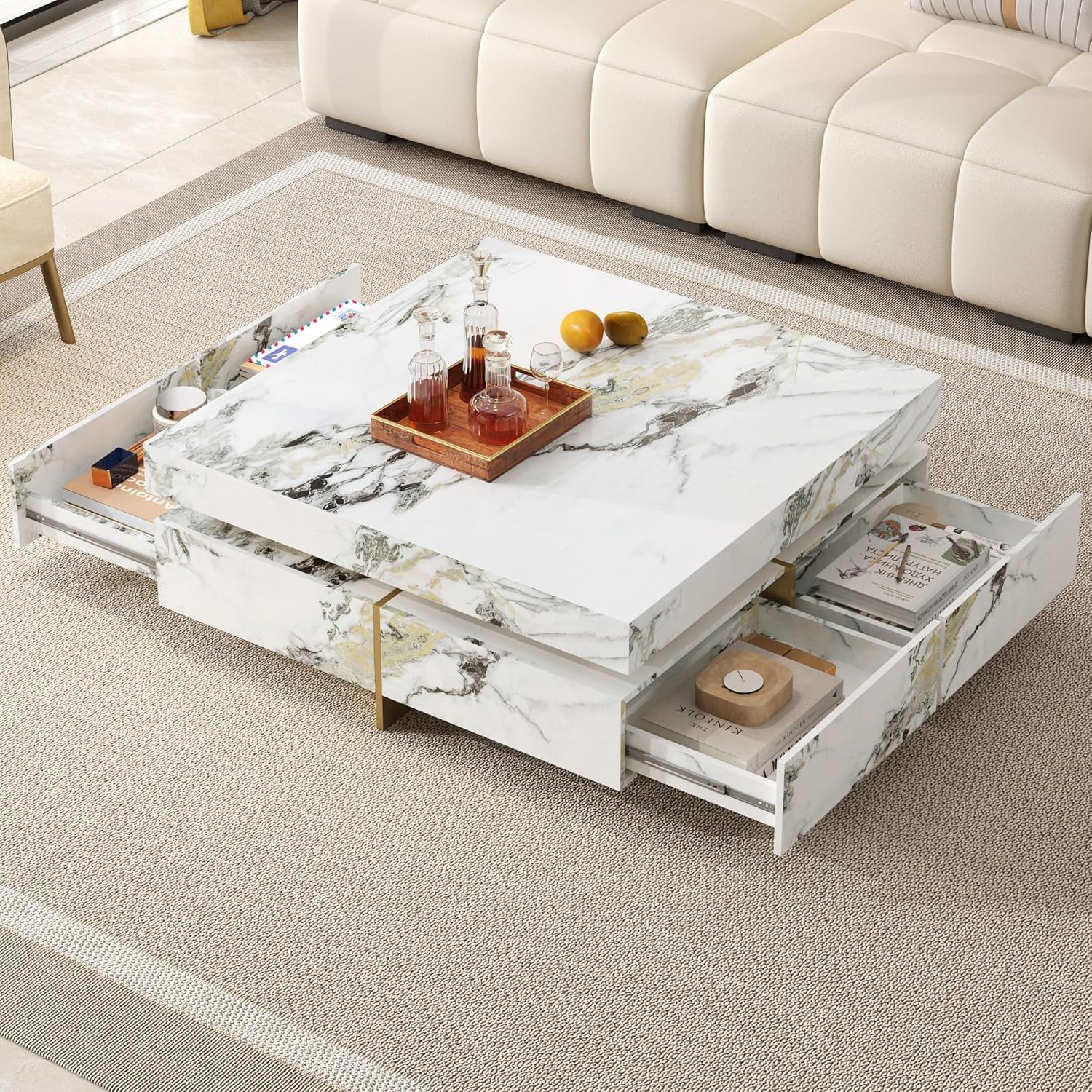 Merax 43.3 Inch Modern Large Square Coffee Table with Marble Textured Top, 4 Built-in Drawers Ample Storage and Floating Suspended Base, Modern Elegance White MDF Storage Center Table for Living Room