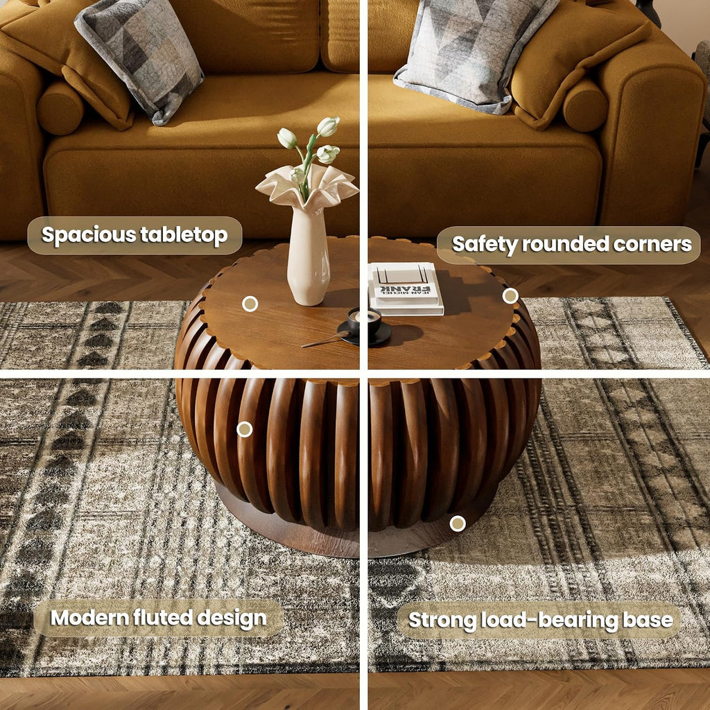 Modern Wood Fluted Round Coffee Table - Handcraft Drum Coffee Tables with Sturdy Base, Contemporary Style Small Circle Coffee Table Tea Table for Living Room,Office - Easy Assembly (Walnut 26.37')