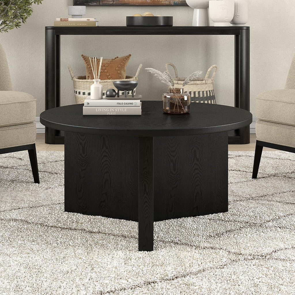 Henn&Hart 32' Round Wood Pedestal Coffee Table for Living Room, Family Room, Office, or Apartment, Natural Black