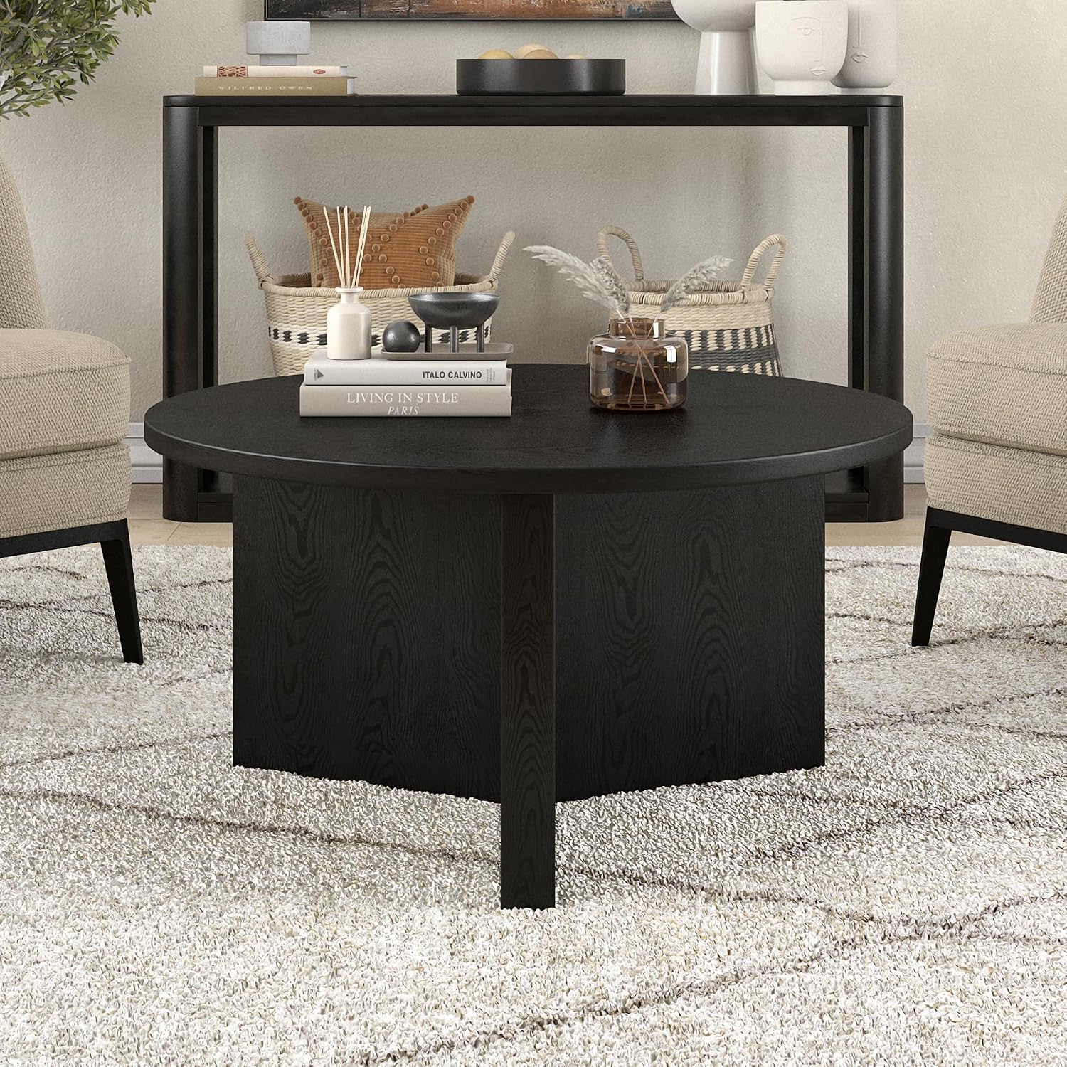 Henn&Hart 32' Round Wood Pedestal Coffee Table for Living Room, Family Room, Office, or Apartment, Natural Black