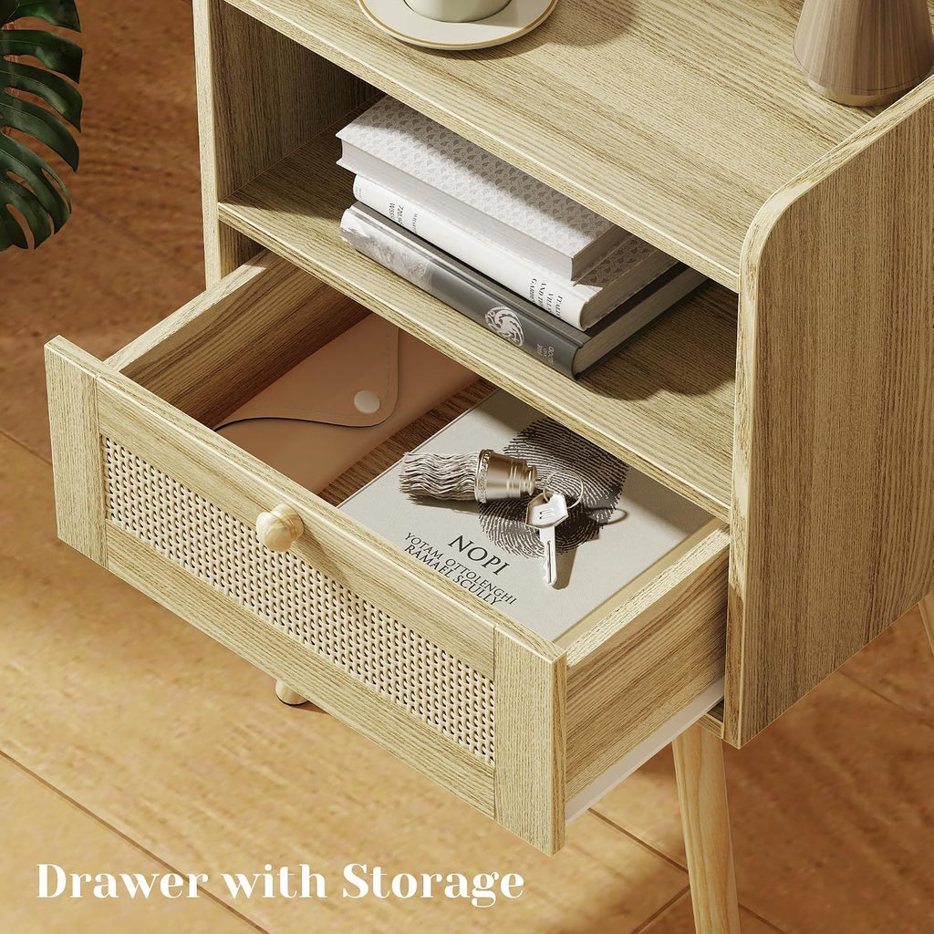 SUPERJARE Nightstands Set of 2, Night Stands with Charging Station & PE Rattan Decor Drawer, Bed Side Tables with Solid Wood Feet, End Table, for Bedroom, Living Room - Natural