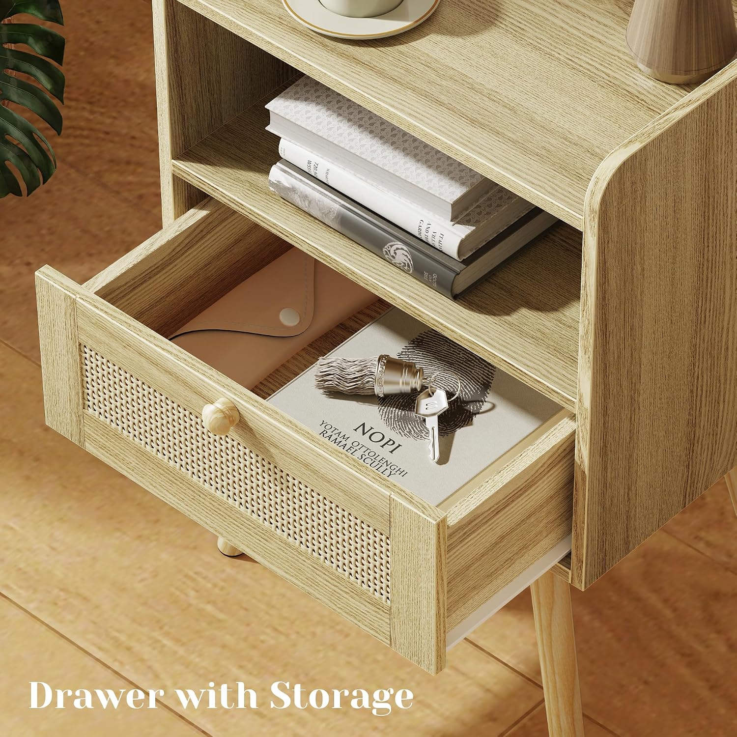 SUPERJARE Nightstands Set of 2, Night Stands with Charging Station & PE Rattan Decor Drawer, Bed Side Tables with Solid Wood Feet, End Table, for Bedroom, Living Room - Natural
