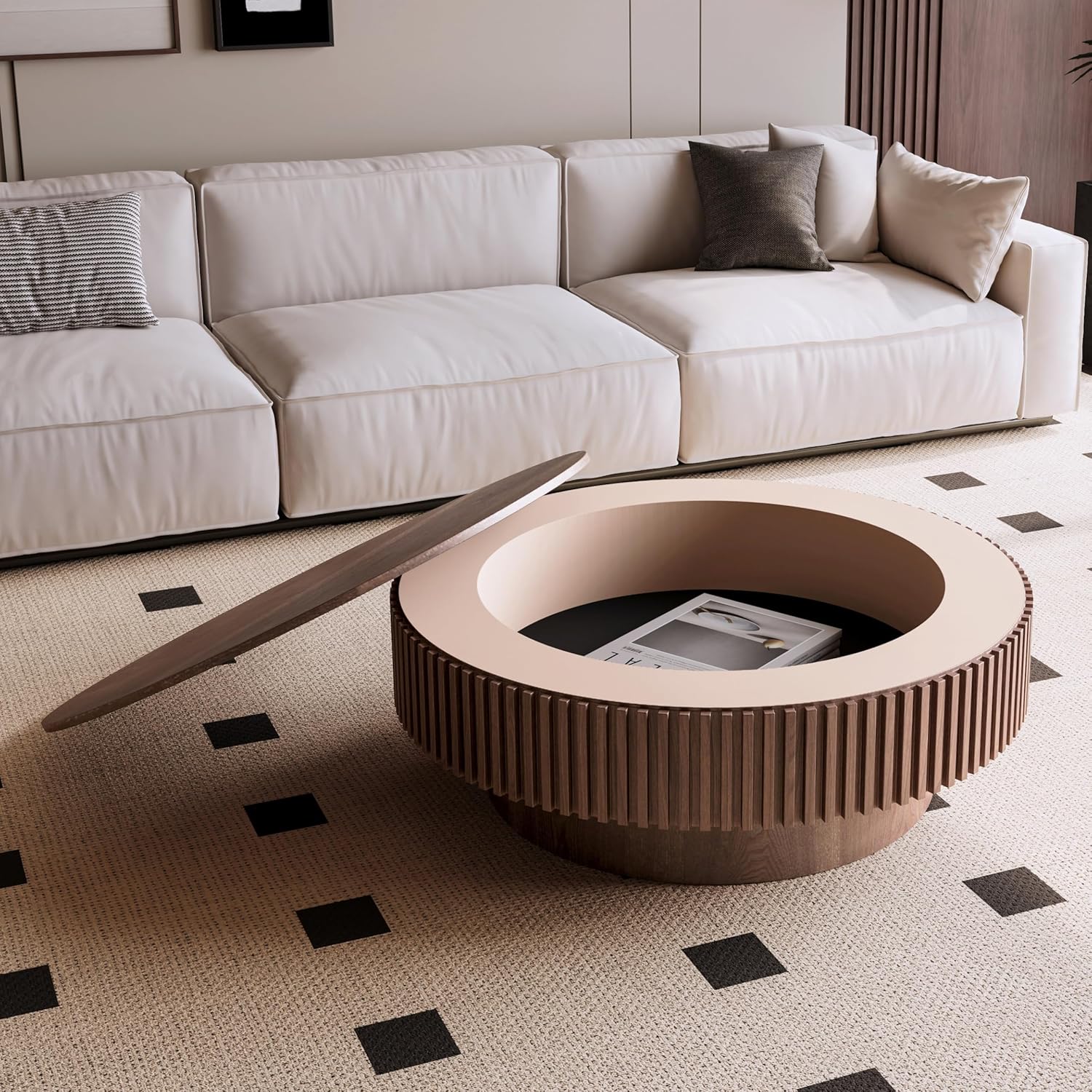 39.37' Round Coffee Table with Storage for Living Room Wood Coffee Table Contemporary Circle Center Table for Apartment, Easy Assembly, Walnut